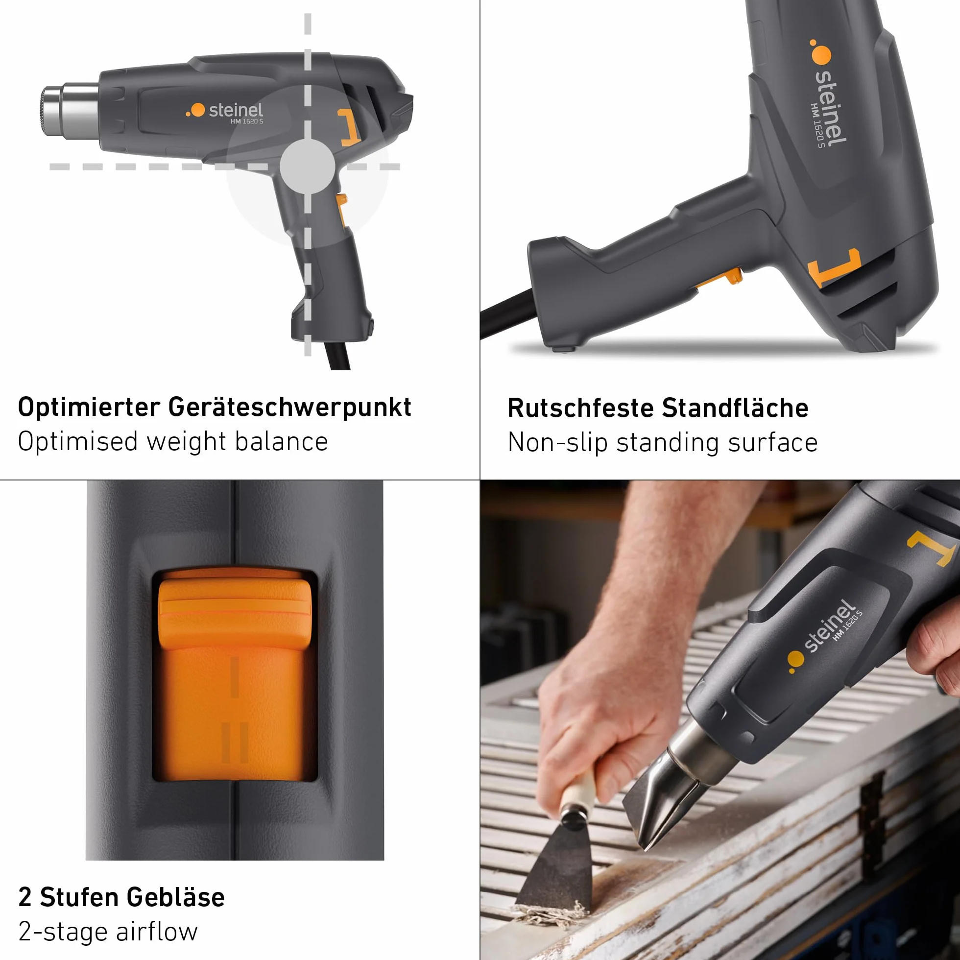 Steinel Pistolet grzewczy HM 1620 S, 1600 W, dwa poziomy temperatury 300°/500°C, pistolet na gorące powietrze do suszenia, obkurczania, rozmrażania