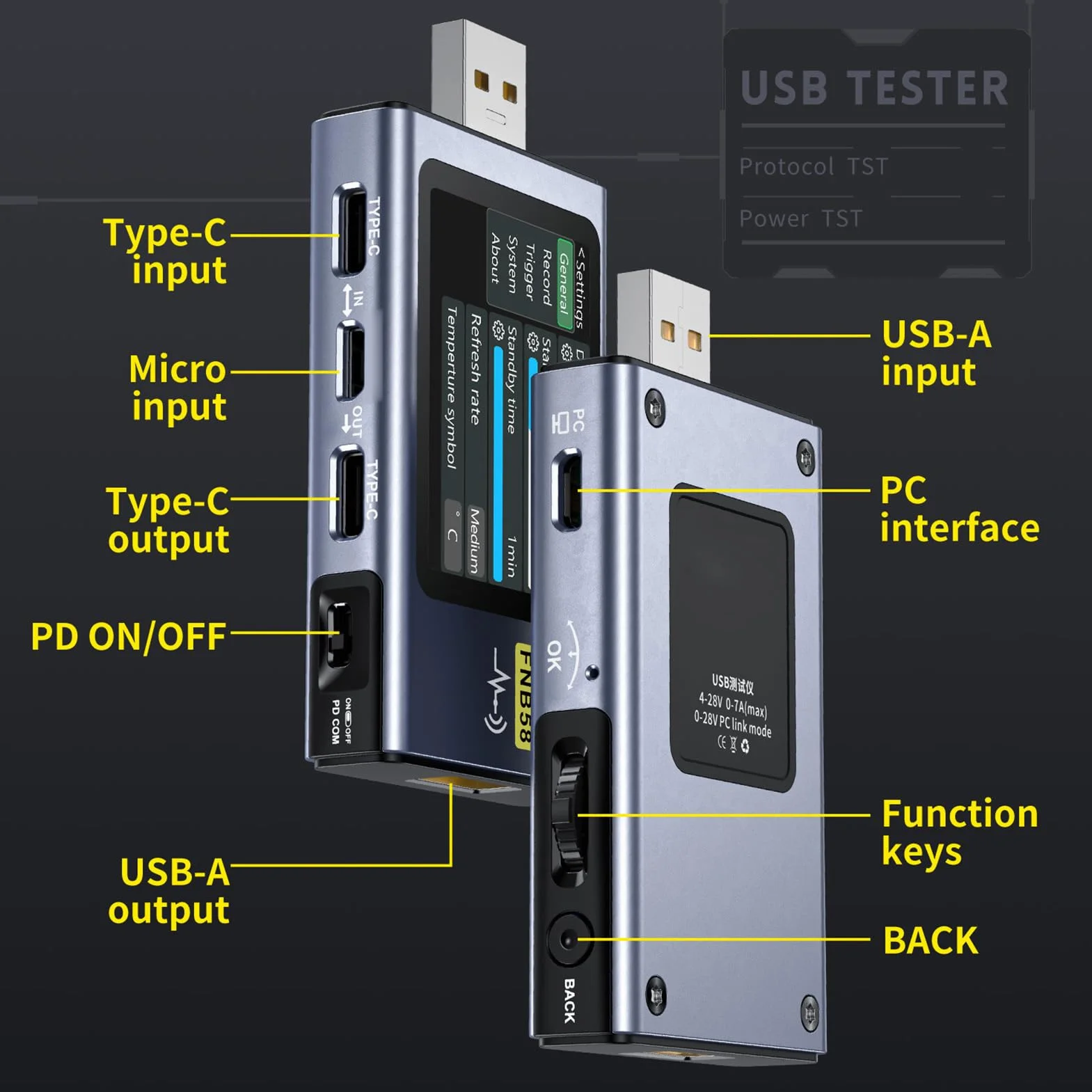 Multimetr Mocy USB 2-calowy Wyświetlacz FNB58 Bluetooth Miernik Napięcia i Prądu USB 4-28 V 7A Typ C Wielofunkcyjny Tester Szybkiego ładowania dla PD2.0 PD3.0 QC2.0 QC3.0