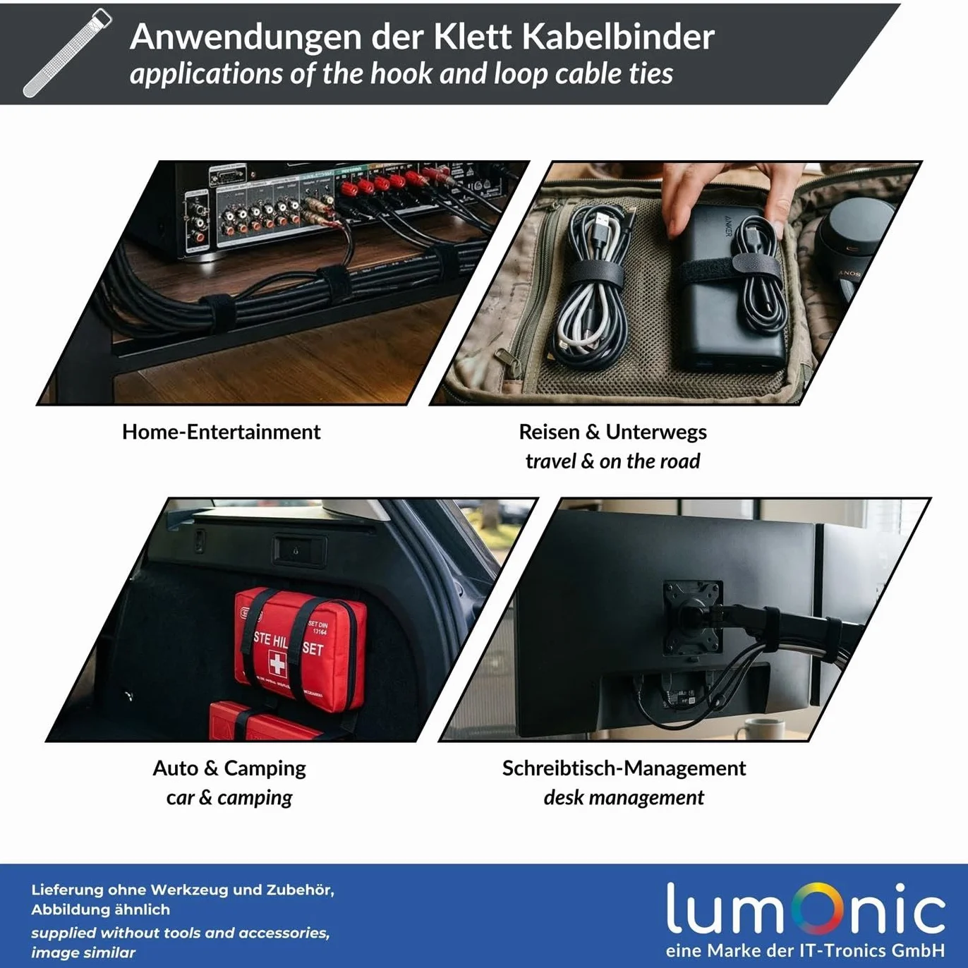 Lumonic 10 Kawalek Opaski kablowe na rzep czarny | 200x20mm | skrzyzowane | Wytrzymale metalowe oczko, rzep kablowy moze byc wielokrotnie uzywany | Proste zarzadzanie i organizacja kabli