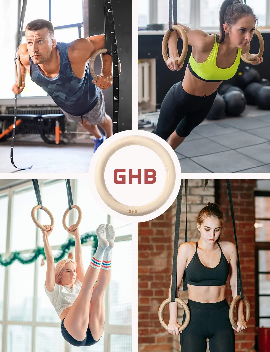 GHB Drewniane pierścienie gimnastyczne z regulowanymi klamrami, do treningu fitness, 28 mm/32 mm