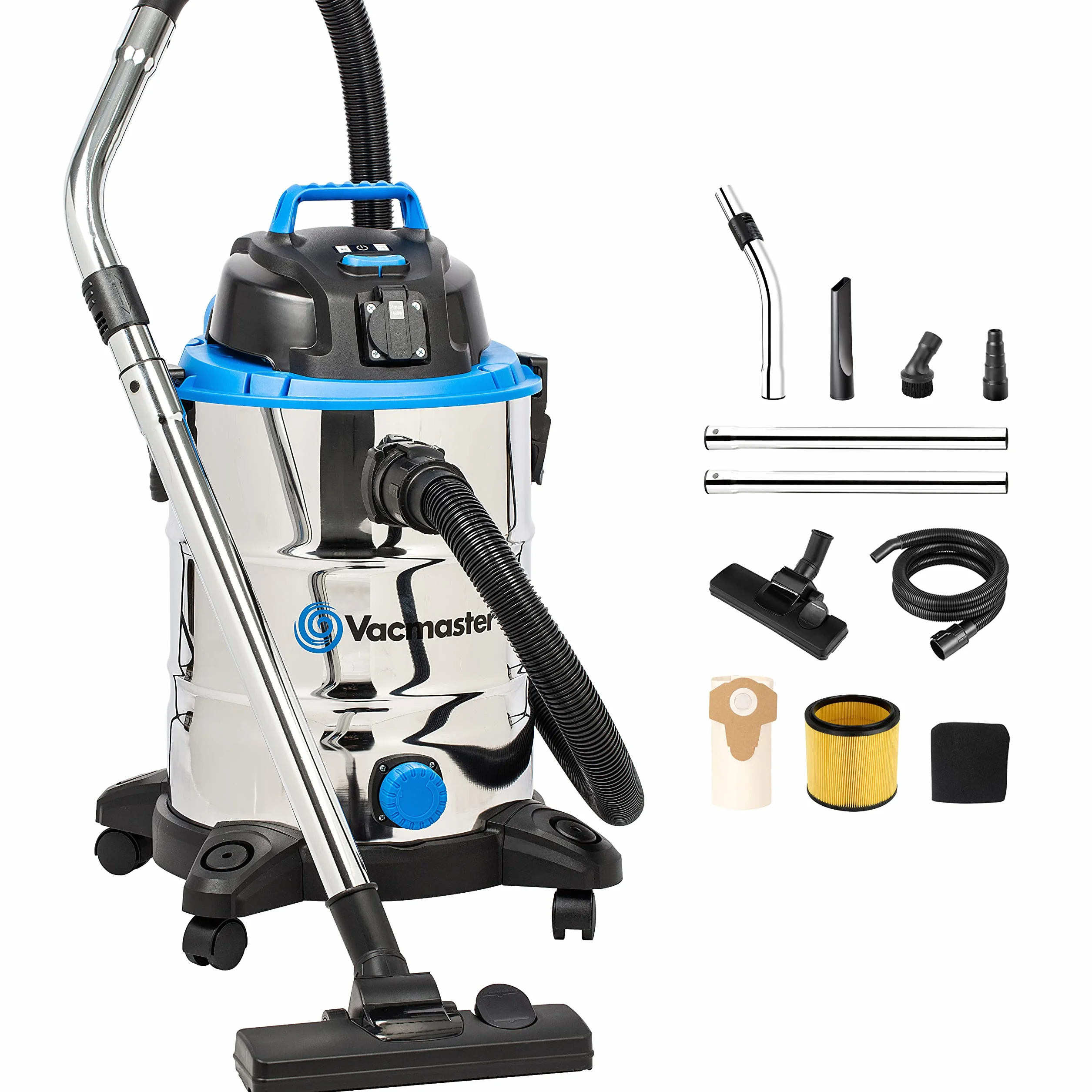 Vacmaster VQ1530SFDC odkurzacz podłogowy, 1500 W, 30 l, duża moc ssania, otwór odpływowy wody, stal nierdzewna