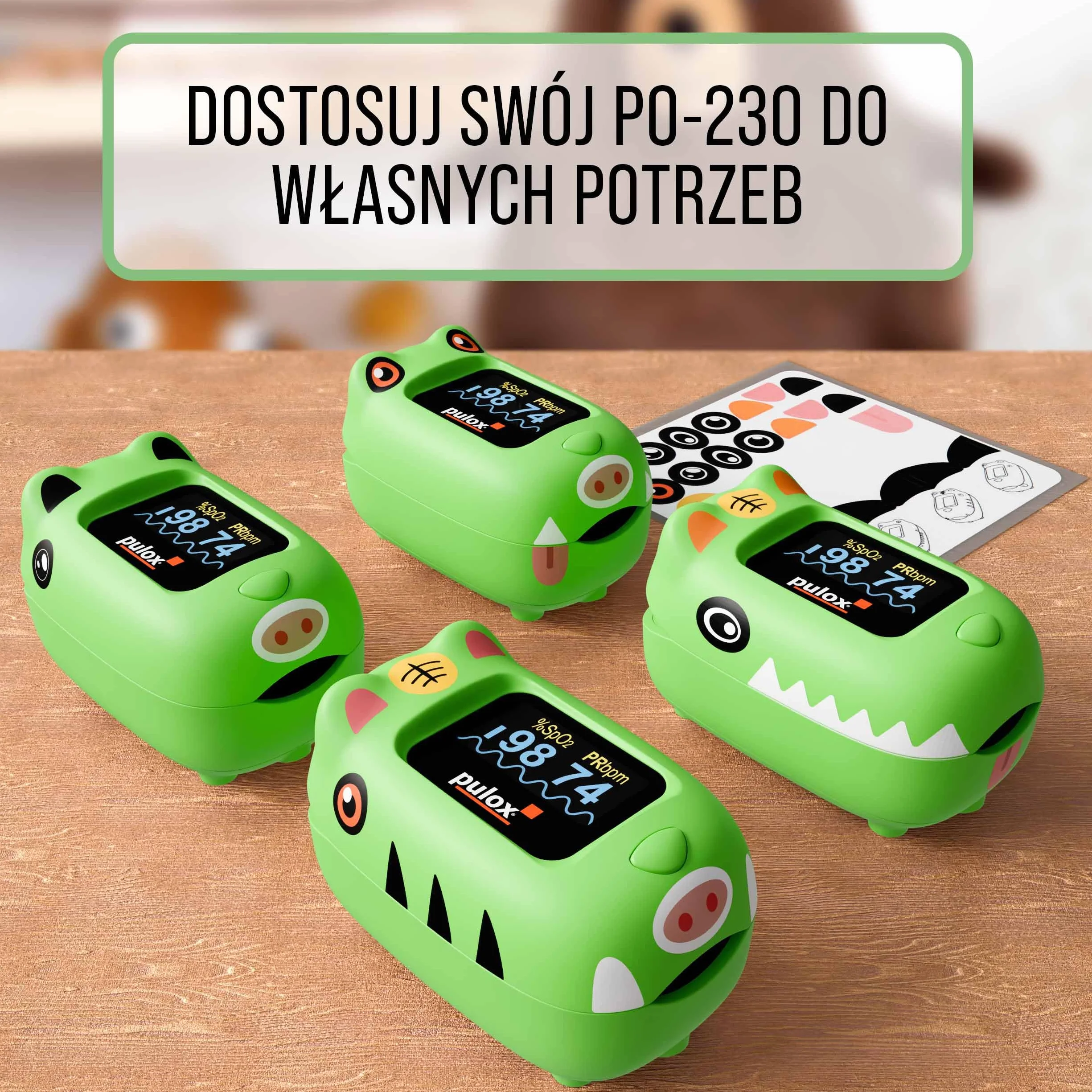 Pulox PO-230 Pulsoksymetr dla dzieci - W kolorze zielonym z naklejkami - Pomiar saturacji tlenem i tętna