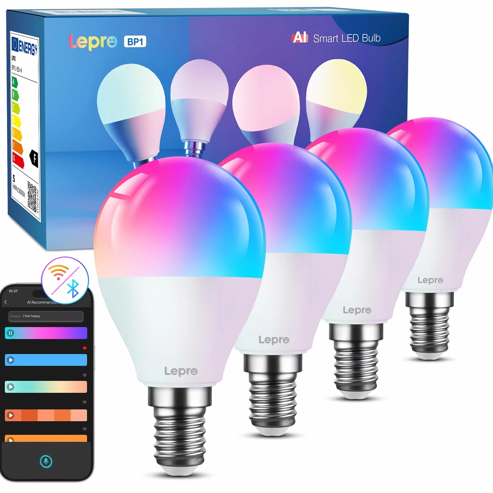 Lepro BP1 AI inteligentna żarówka E14 RGBWW, współpracuje z Alexa i Google Assistant, synchronizacja muzyki, zmiana kolorów, 4,9 W = 40 W, ściemnianie 470 lm, sterowanie głosowe za pomocą aplikacji