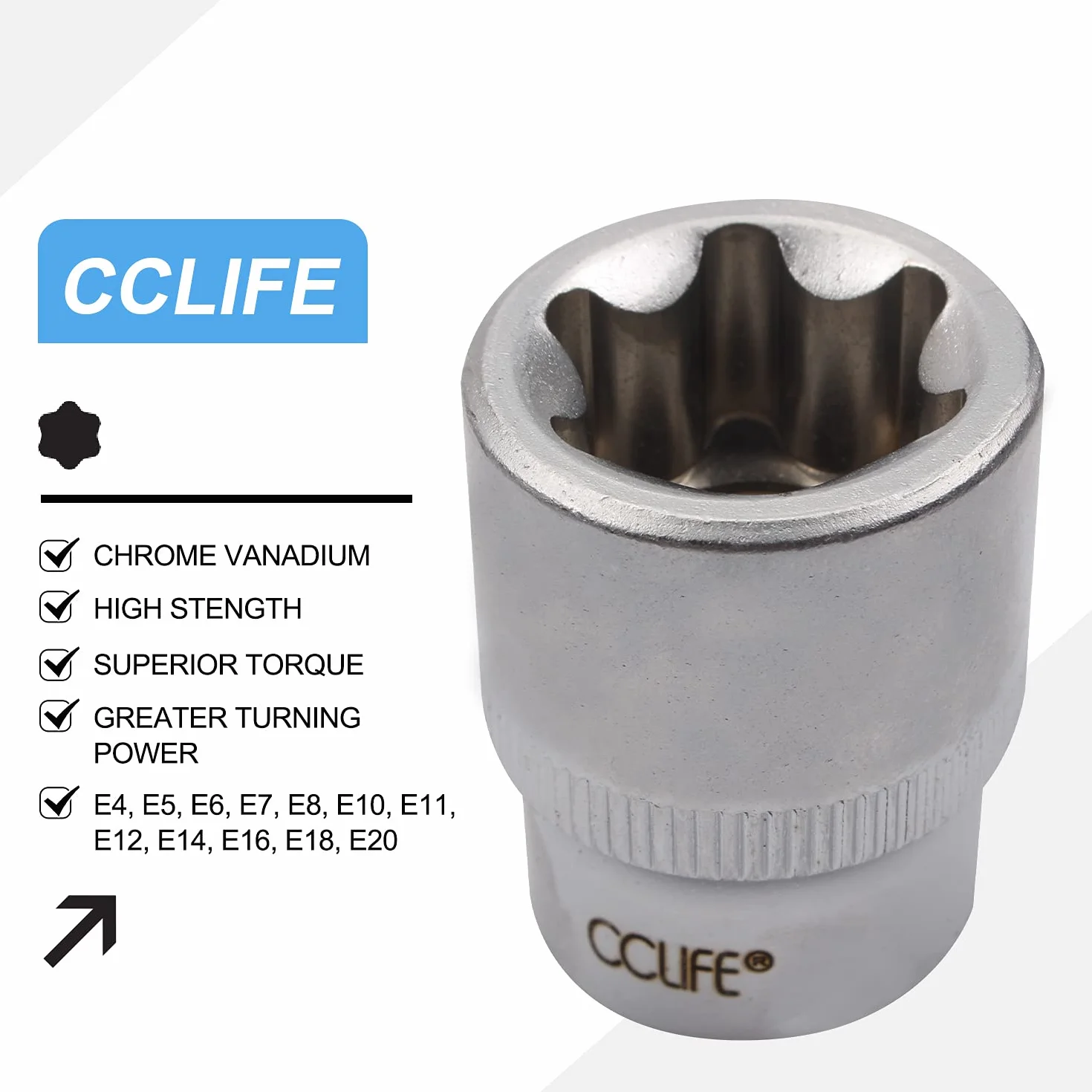 CCLIFE Zestaw 34-częściowy kluczy nasadowych Torx wewnętrznych i zewnętrznych oraz bitów S2 sześciokątnych | Nasadki E4-E20 | Zestaw Torx T10-T60 | Nasadki i bity do kluczy nasadowych.