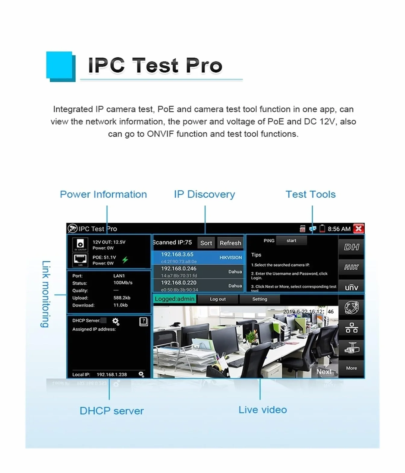 Tester CCTV, IPC-5200C Tester CCTV IPC Plus | Z 8MP AHD CVI TVI SDI Tester kamery 12MP Tester kamery IP 5,4" Ekran dotykowy Tester kabla do testowania kamer CCTV i IP.
