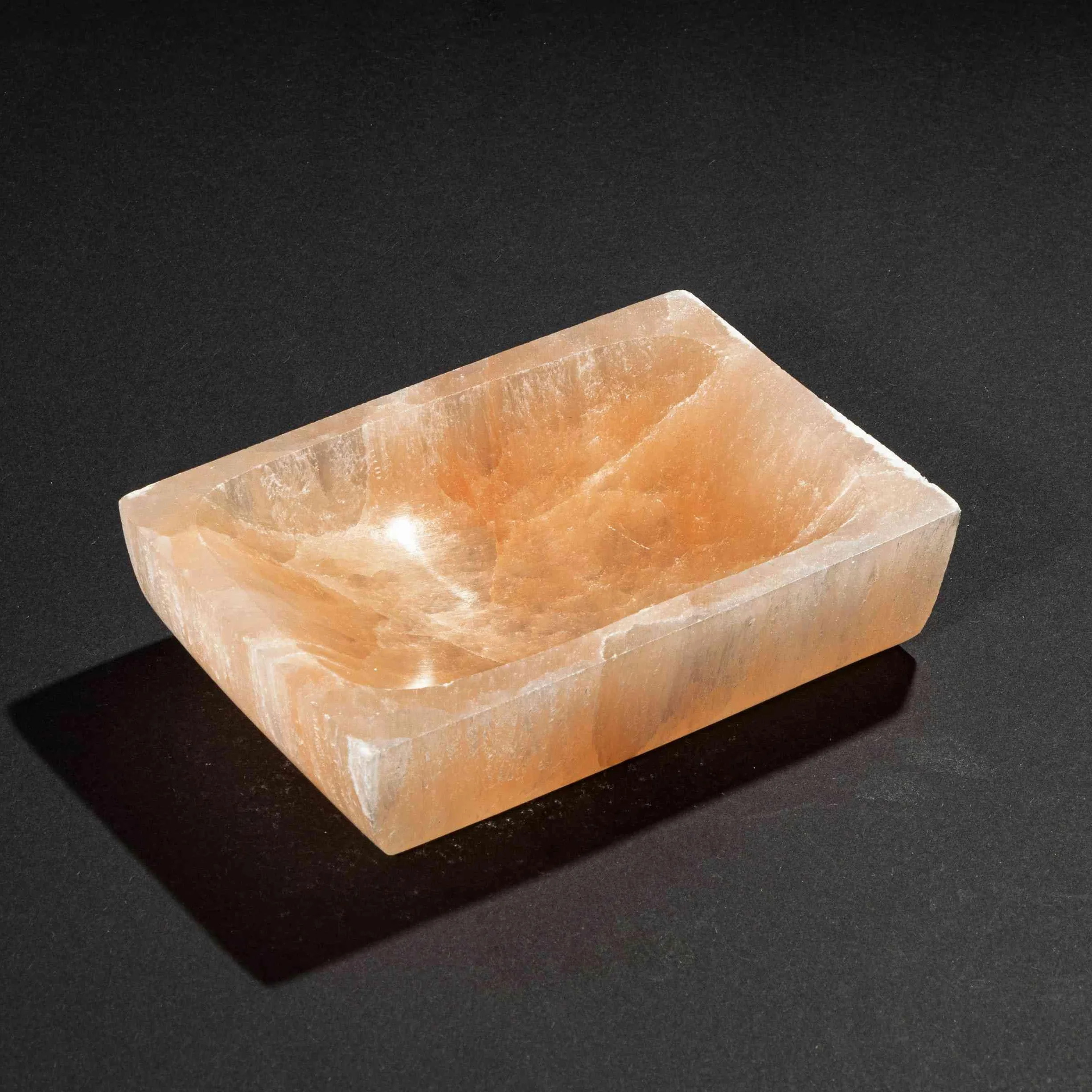 NKlaus Brzoskwinia selenitowa prostokątna misa 12 x 8 x 3 cm – ręcznie wykonana miska z selenitu brzoskwiniowego, idealna do kamieni szlachetnych, biżuterii i medytacji, naturalna dekoracja dla