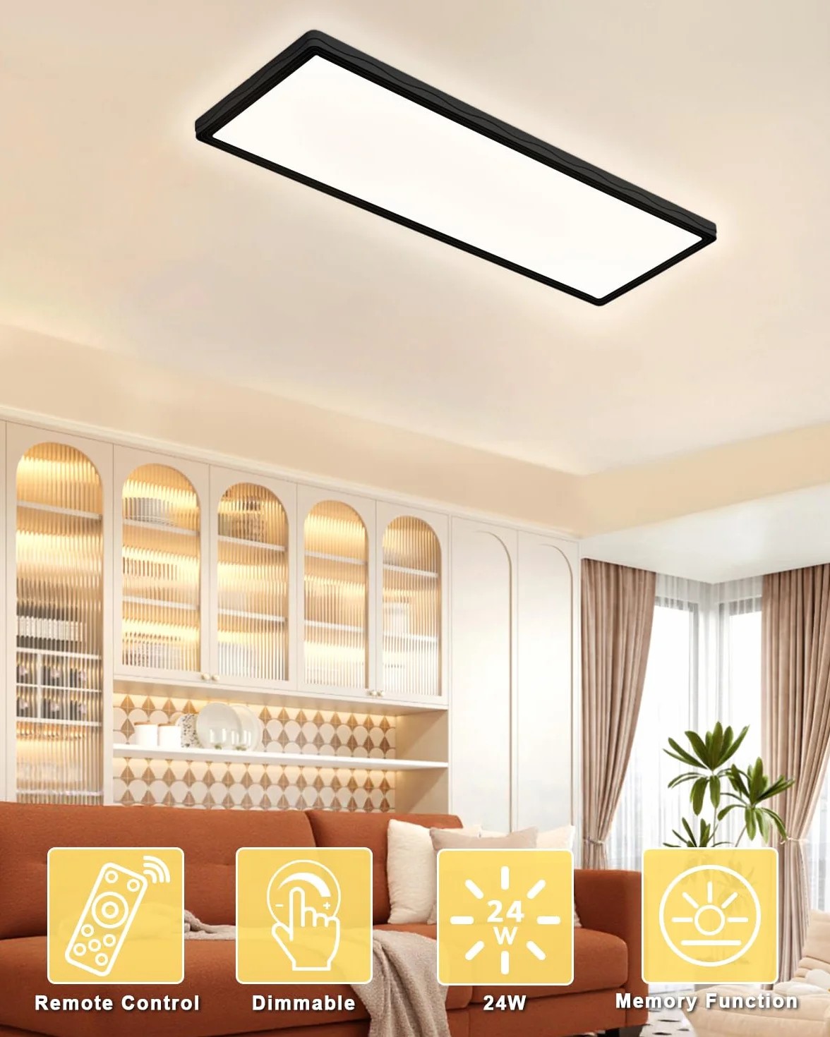 Bowfar Lampa sufitowa LED, prostokątna lampa sufitowa z pilotem, ściemnialna w zakresie 3000–6500K, ultracienki panel LED 24W z podświetleniem do sypialni, biura, łazienki, 58 * 20 * 2,5 cm – czarny