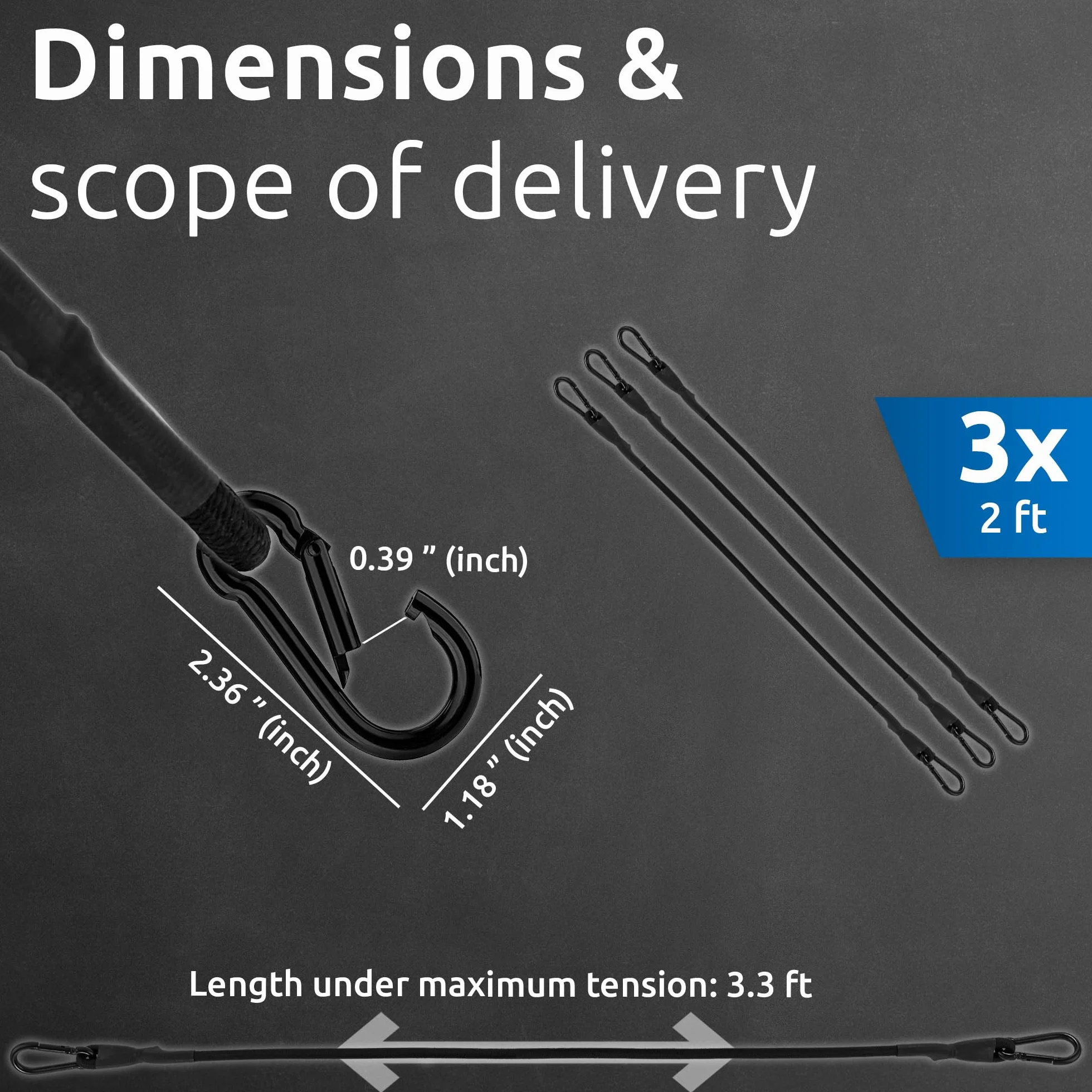 ECENCE 3x Guma napinająca z karabińczykiem 60cm w kolorze czarny Gumowe pasy napinające, napinacze bagażowe, ekspandery, linki napinające do rowerów, samochodów, bagażu