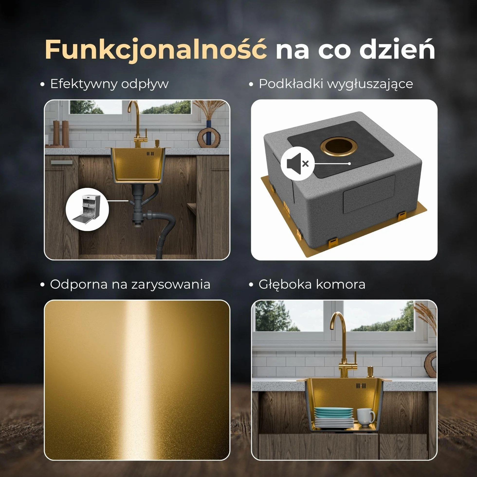 ANW HOME Zlewozmywak Kuchenny 1-komorowy 40x45 cm, Złoty PVD | Wpuszczany, Powłoka Nano, Grubość 3,0+1 mm, Głębokość 22 cm, Z Syfon, Dozownik