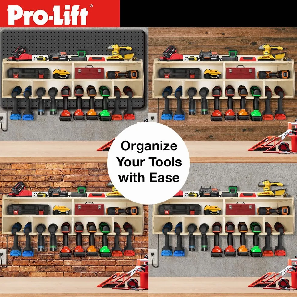 Pro-Lift Organizer na wiertarkę akumulatorową – stojak do przechowywania elektronarzędzi ściennych, 10 przegródek do zawieszenia, drewniany M-005W