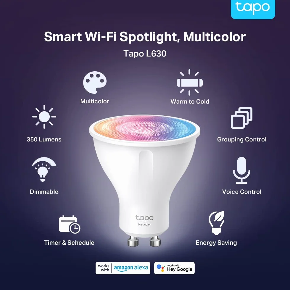TP-Link Tapo L630 (4-pack) | Zestaw 4 inteligentnych żarówek Wi-Fi GU10 RGB | Ściemnialne | Sterowanie przez aplikację Tapo | Kompatybilne z Alexa i Google Home