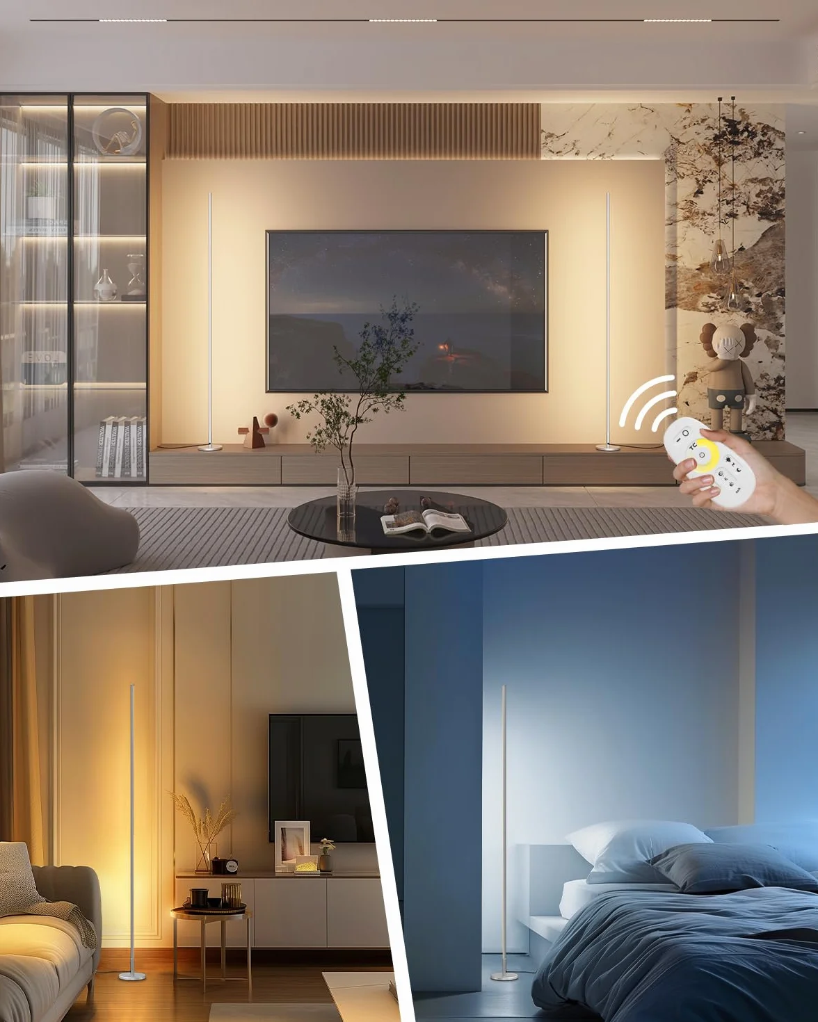 TACAHE Minimalistyczna Narożna Lampa Podłogowa - 2700K-6500K Regulowana Dioda LED - Nowoczesna Lampa Stojąca do Stylizacji Wnętrz z Pilotem do Salonu, Sypialni - 57" (145 cm) 12W - Srebrne