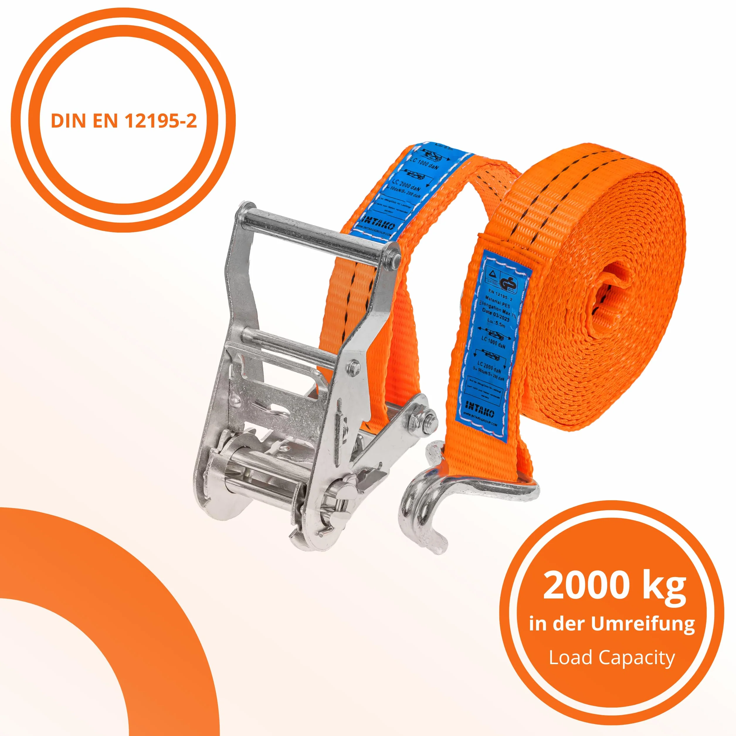 INTAKO Pas Transportowy z Napinaczem 4m x 2000kg x 35mm - Zestaw 4 Sztuk - Pasy Transportowe do Zabezpieczania Ładunków Motocykla 2t - Zgodny z Normą DIN EN 12195-2