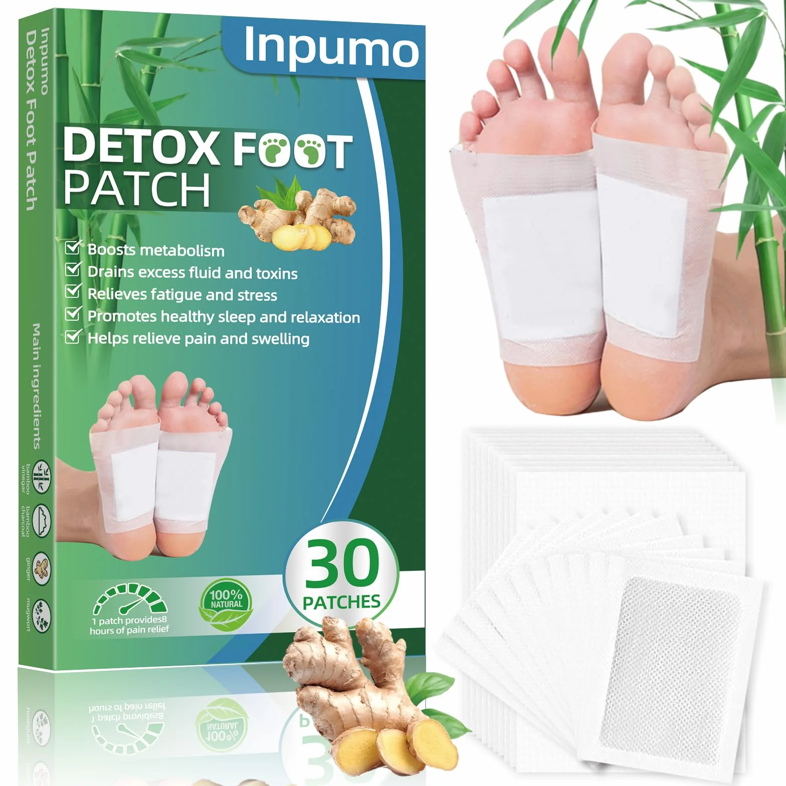 Inpumo Detox plastry do stóp, naturalne plastry detoksykujące do głębokiego oczyszczania, łagodzą stres organizmu, poprawiają jakość snu, poprawia krążenie krwi, 30 sztuk