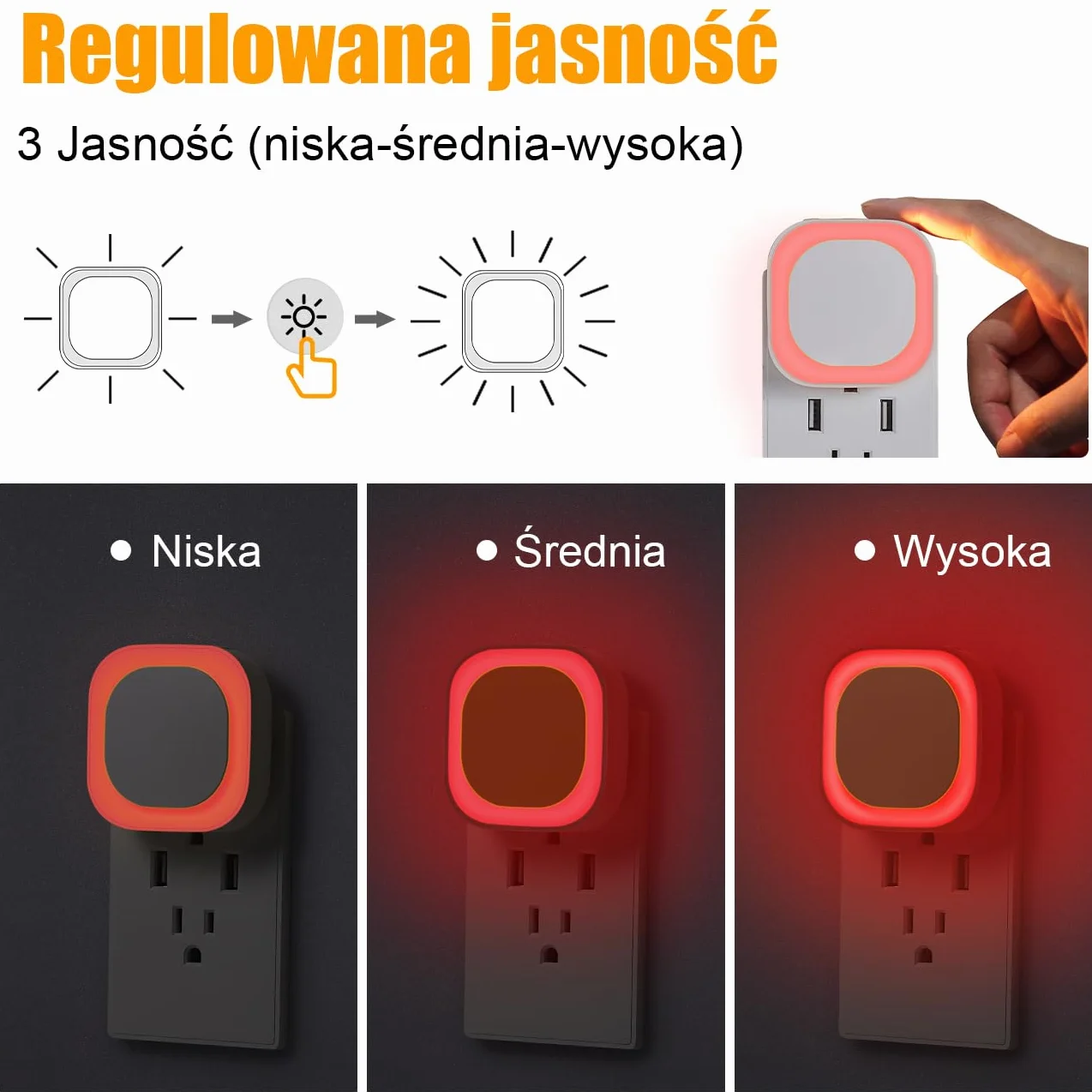 YUNLEX Lampka nocna z czujnikiem zmierzchu, [2 sztuki], automatyczne włączanie/wyłączanie, 3-poziomowe ściemniane światło nocne, do pokoju dziecięcego, sypialni, przedpokoju, łazienki, Czerwony