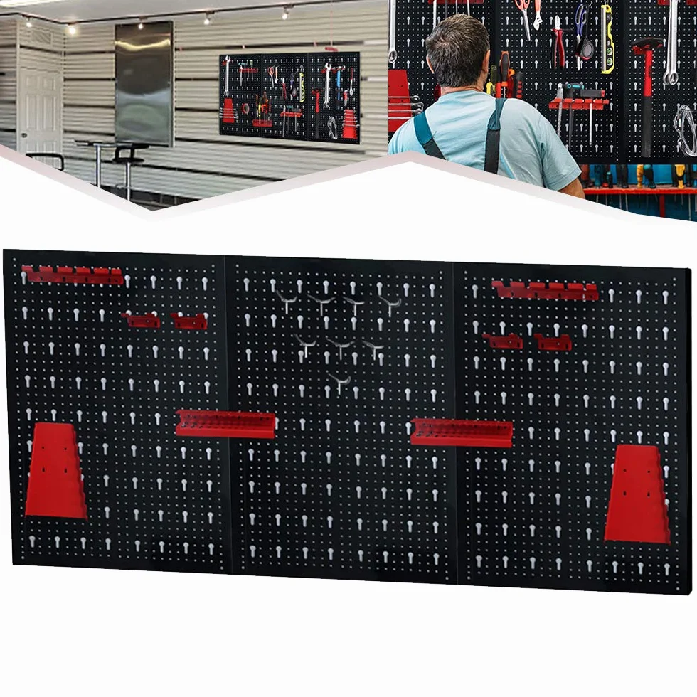 Ścianka narzędziowa 120 x 60 x 2 cm, metalowa ścianka perforowana z akcesoriami, trzyczęściowa blacha perforowana, zestaw z 17-częściowym zestawem haków do warsztatu