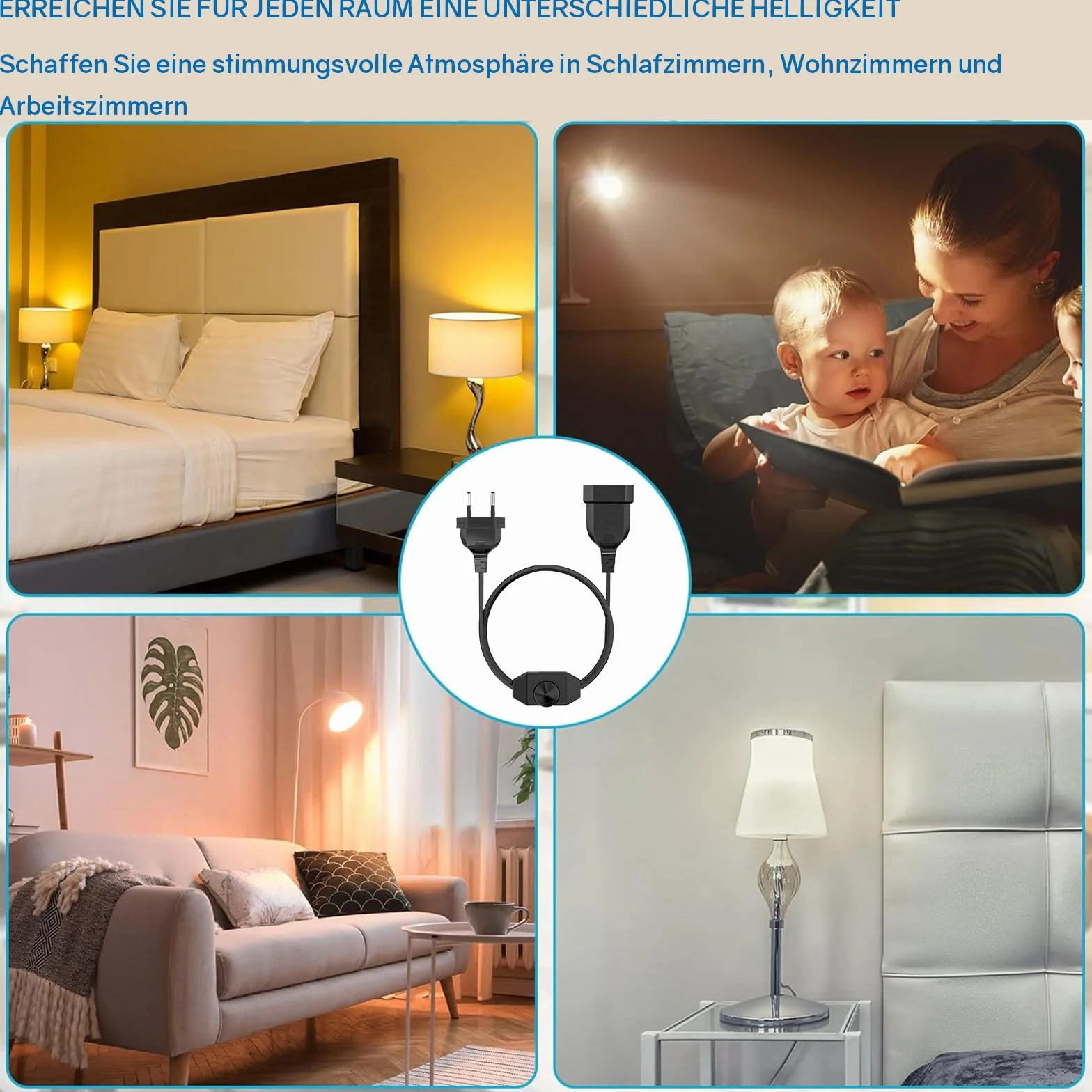 Powice Ściemniacz LED z przełącznikiem, ściemniacz do lamp LED, długi, 50 cm, wtyczka płaska, przełącznik ze ściemniaczem, przełącznik do lamp LED 220-250 V/100 W, maks