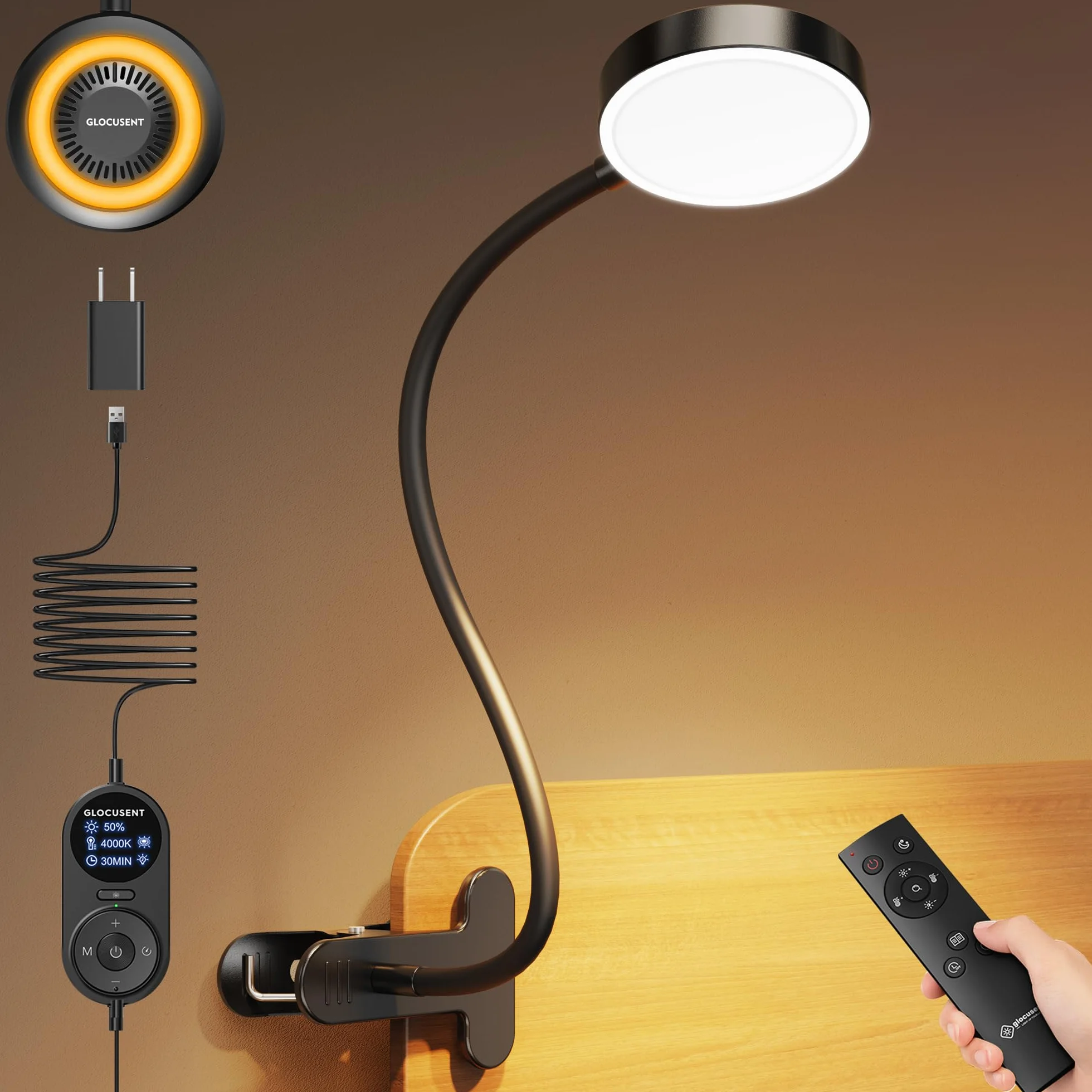 Glocusent Clip On Light, 72 LED lampa biurkowa z 3 kolorami i 5 jasnością, elastyczna lampa z klipsem z bursztynowym światłem nocnym, timer 30/60 min, pielęgnacja oczu, do łóżka/czytania (czarna z