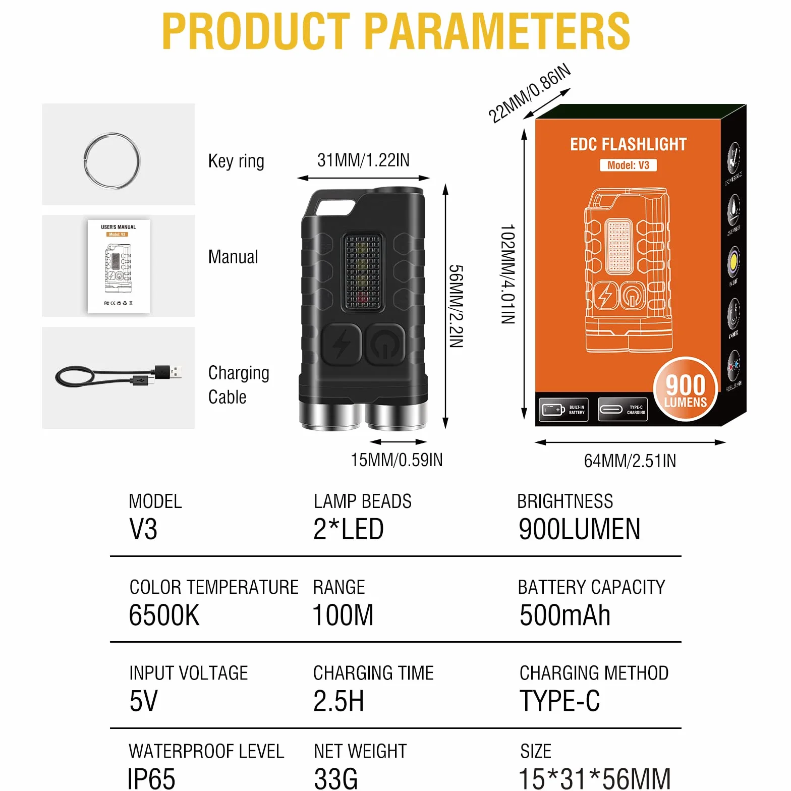 BORUIT V3 Mini potężna latarka LED, super jasna 900 lm, z czerwonym i niebieskim światłem UV, USB-C LED, ładowalna, mała kieszonkowa latarka z brelokiem, wodoodporność IP65, 12 trybów, latarka z