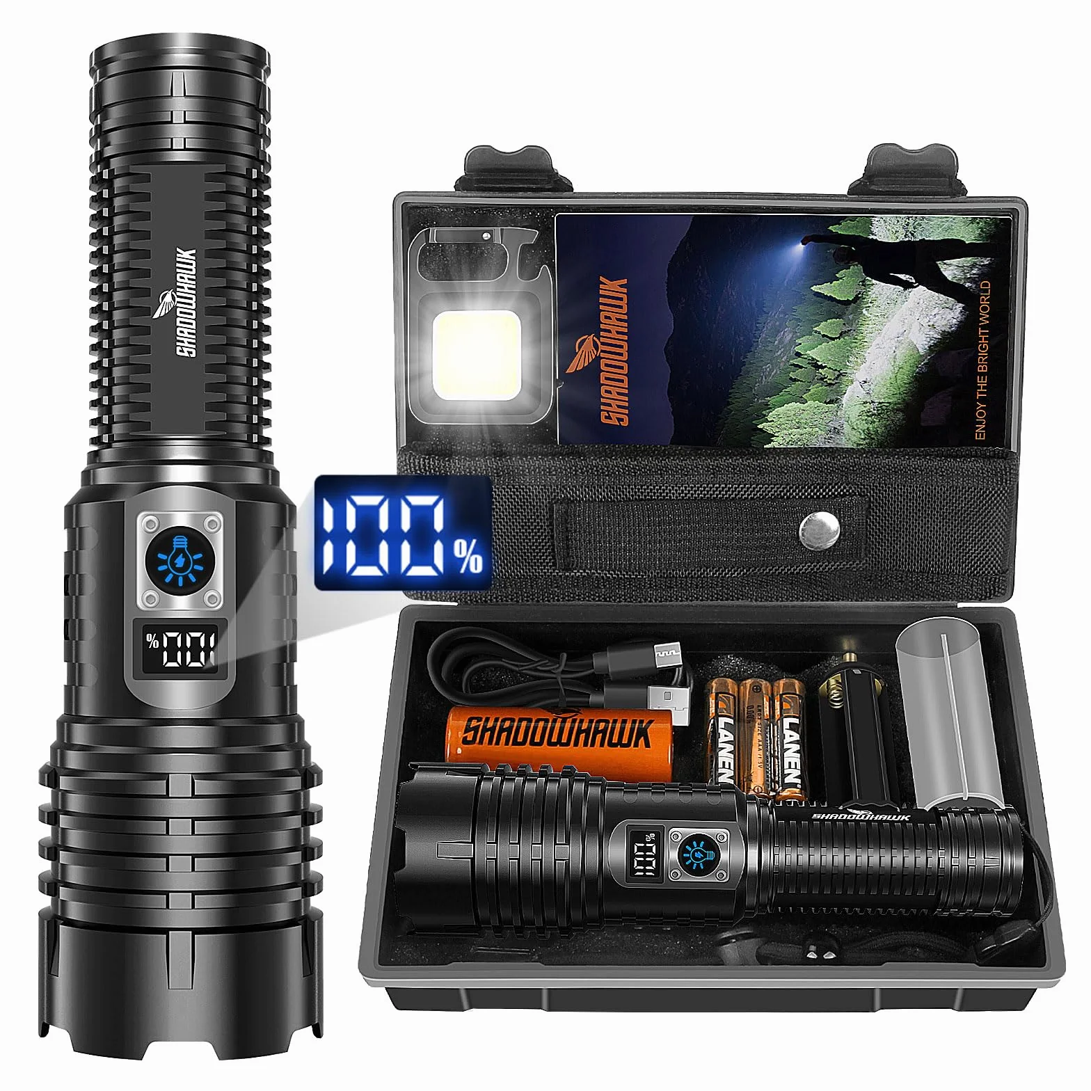 Shadowhawk Latarka LED do ładowania, bardzo jasna, 500000 lumenów, zasilana bateriami, USB, XHM77.2, latarka taktyczna, mocna, wodoszczelna, do użytku na zewnątrz, w sytuacjach awaryjnych, na kemping