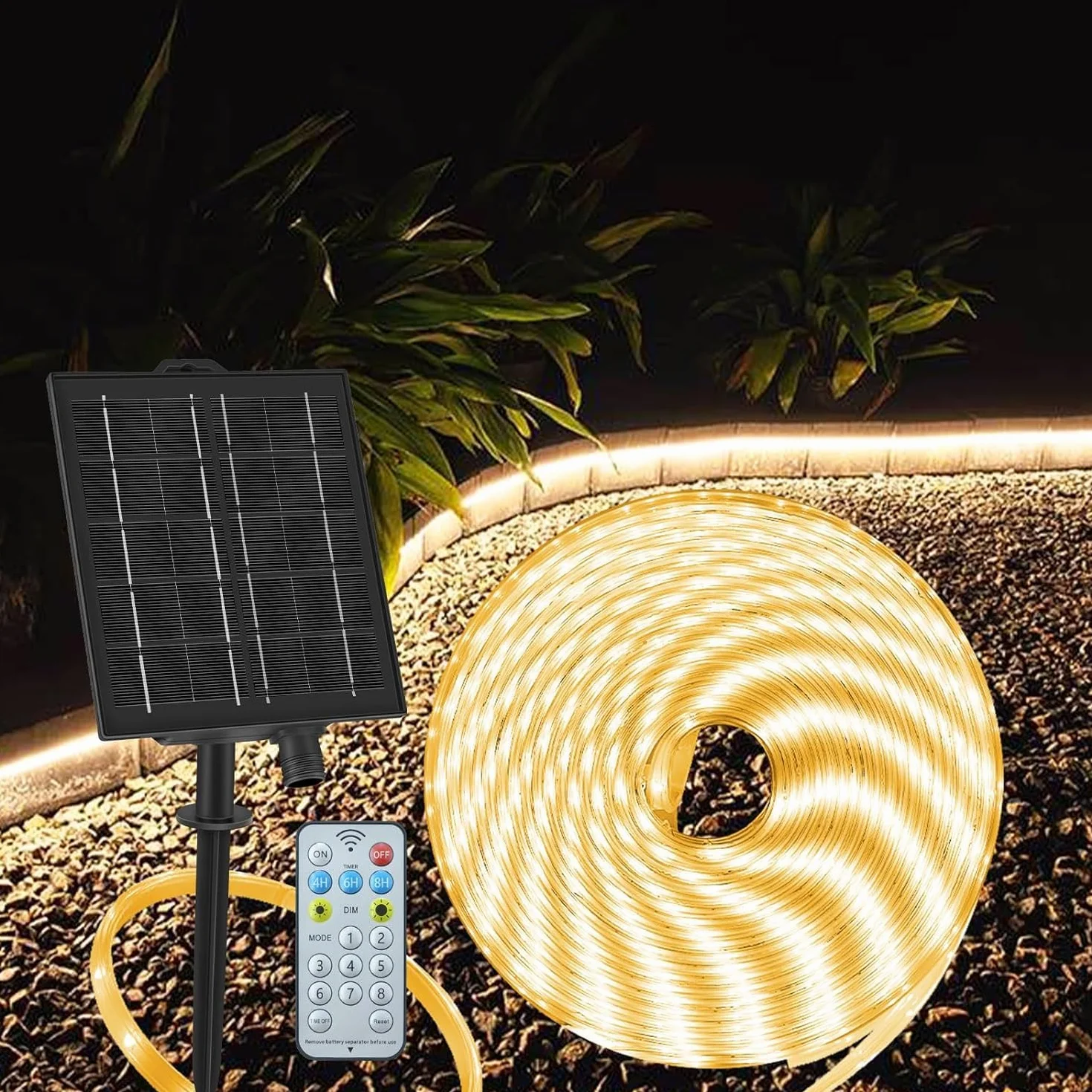 ZAIYW Zewnętrzna taśma solarna 10 m, wodoodporna IP68, 200 diod LED z pilotem zdalnego sterowania włączanie/wyłączanie, podwórko, dekoracja ogrodowa (ciepła biel)