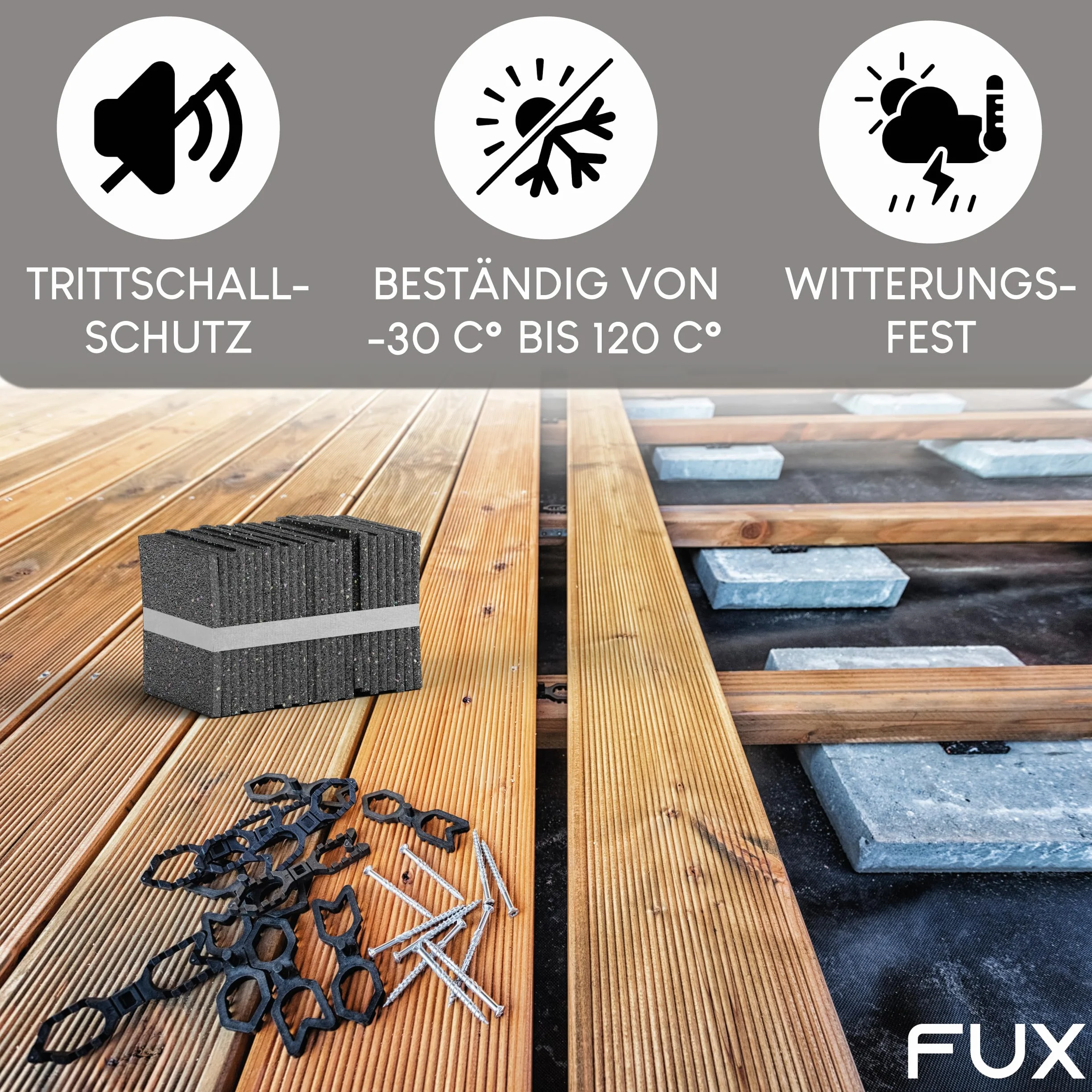 FUX Podkładki tarasowe - 50 sztuk - 90 x 90 x 10 mm | Antypoślizgowa ochrona podłoża, odprowadza wodę, odporne na warunki atmosferyczne, granulat gumowy