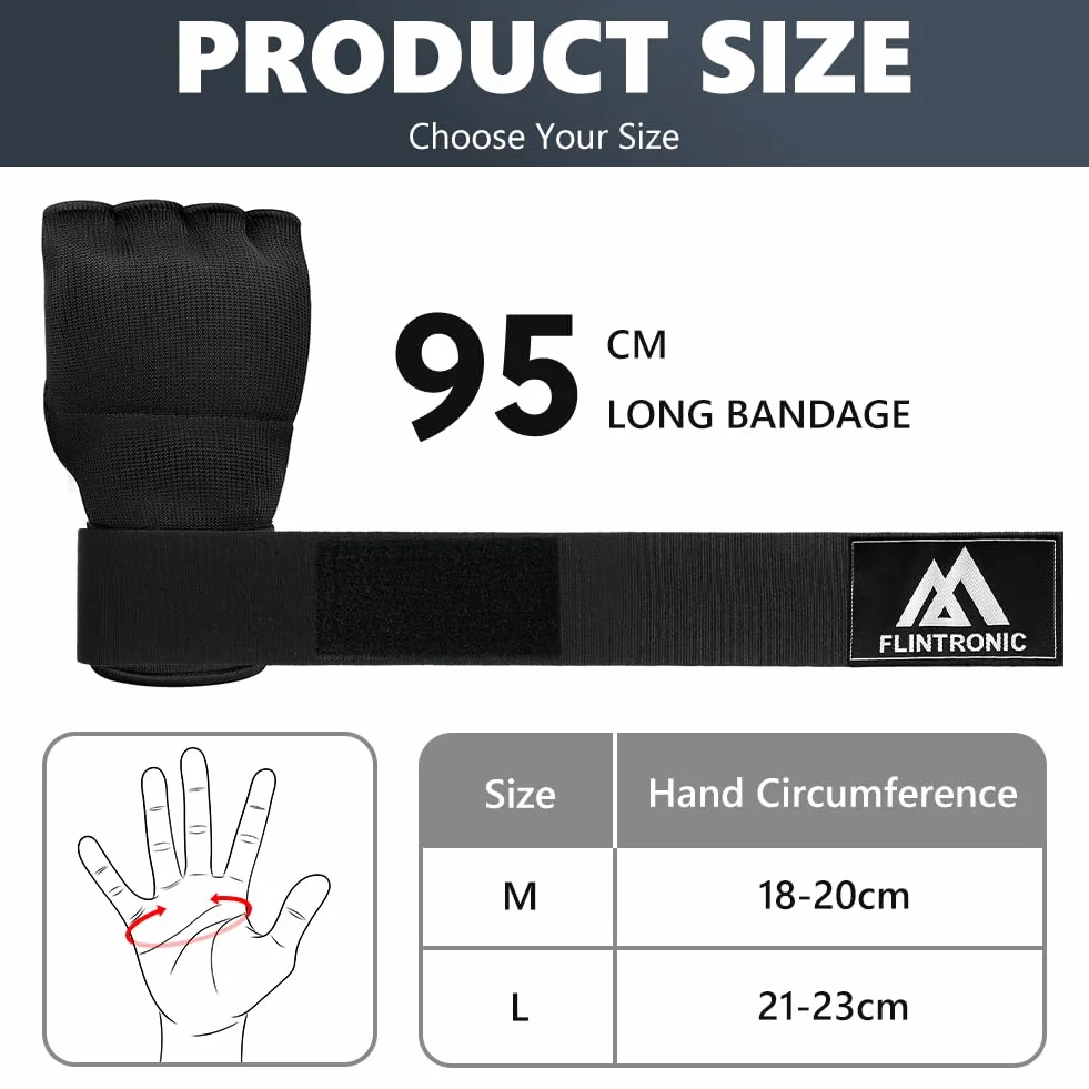flintronic Żelowe rękawice bokserskie, wewnętrzne, 95 cm, szybkie długie paski na nadgarstek, elastyczne, wyściełane, do MMA, muay thai, kickboxingu, treningu sztuk walki, sportów walki