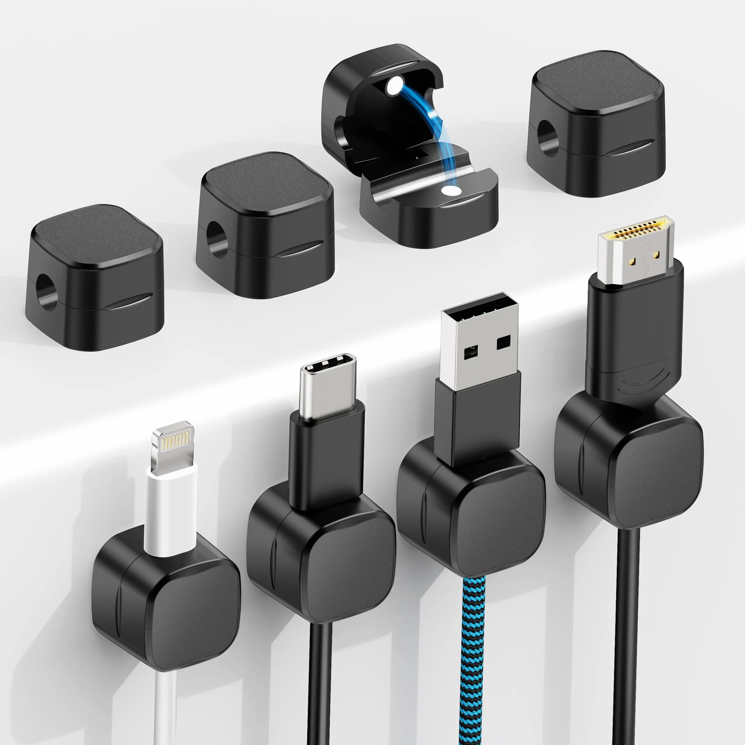 Euqvunn Cable Clips, 8 Pack Magnetyczne Uchwyty na Kable, Gładkie Regulowane Kable, Samoprzylepne Uchwyty na Kable Ładowarki, Uchwyt na Kable do Telefonu USB na Biurko, Stolik Nocny, Samochód(Czarny)