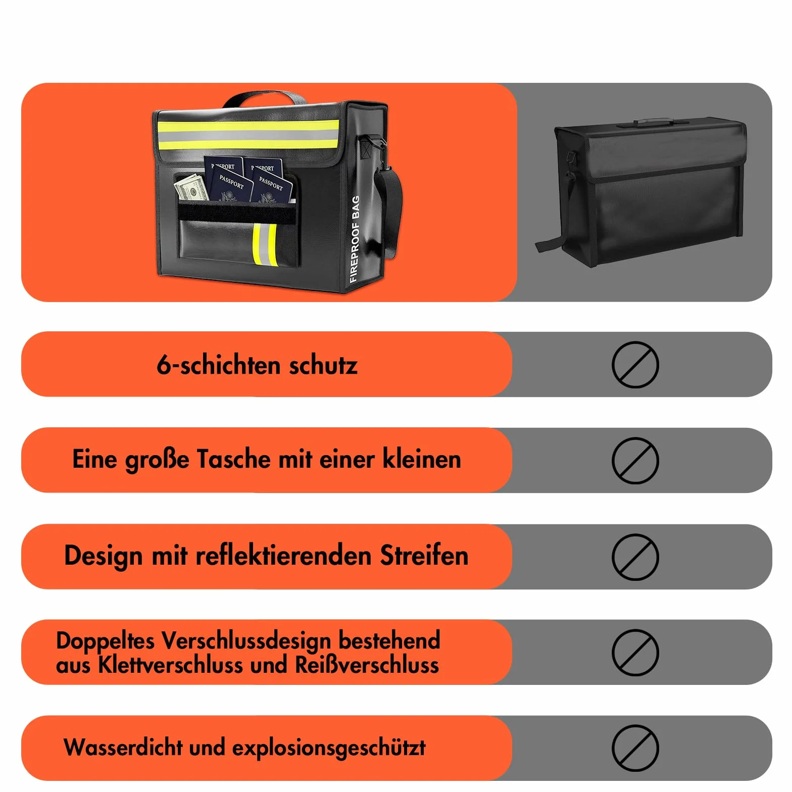 Torba na dokumenty ognioodporna wodoszczelna 6 warstw 43x30x13 cm 4500°F odblaskowa