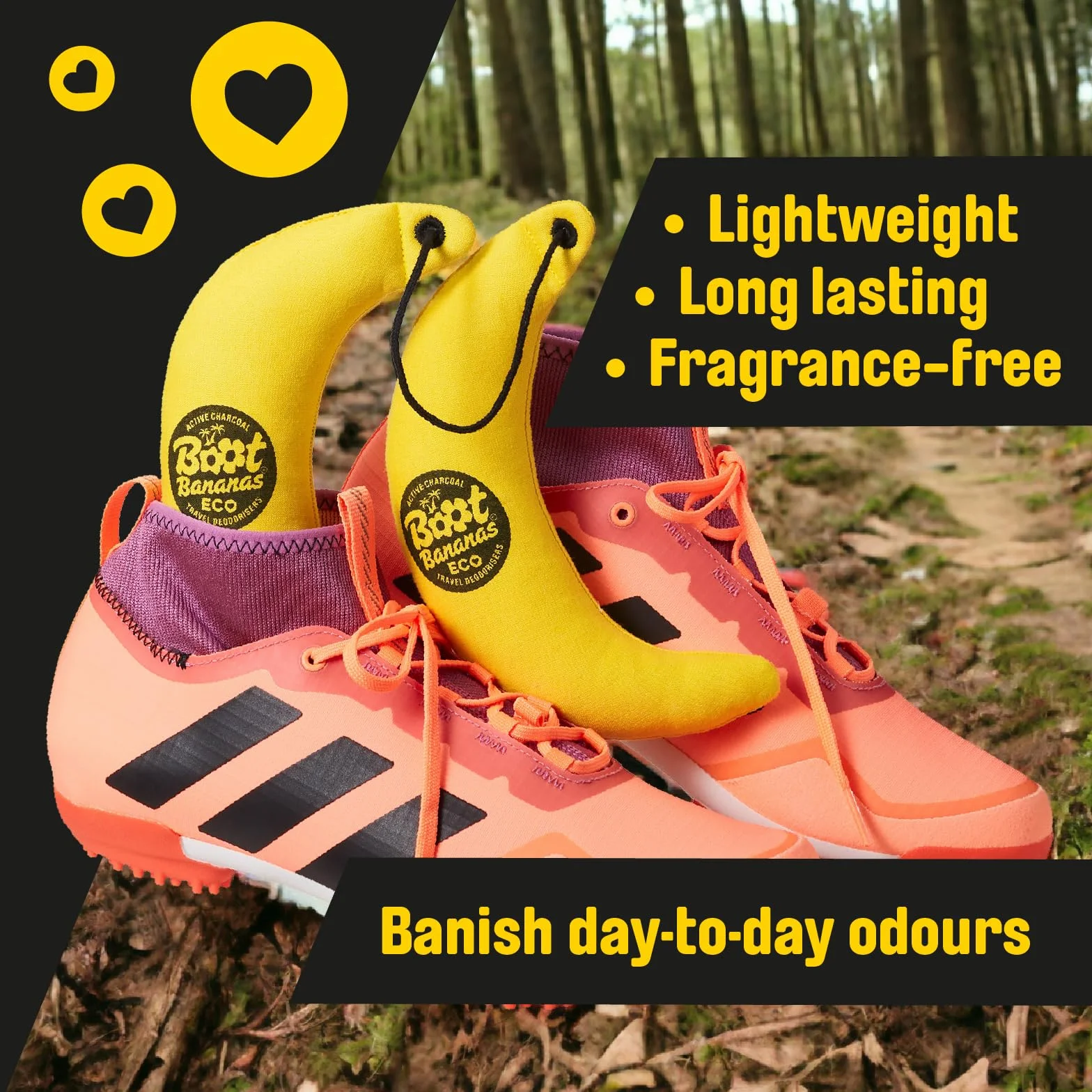 Boot Bananas Eco Travel Dezodoratory – bezzapachowe środki do usuwania zapachów z węglem aktywnym do zapachowych butów, rękawiczek i toreb, lekkie, kompostowalne, wielokrotnego użytku, świeżość w