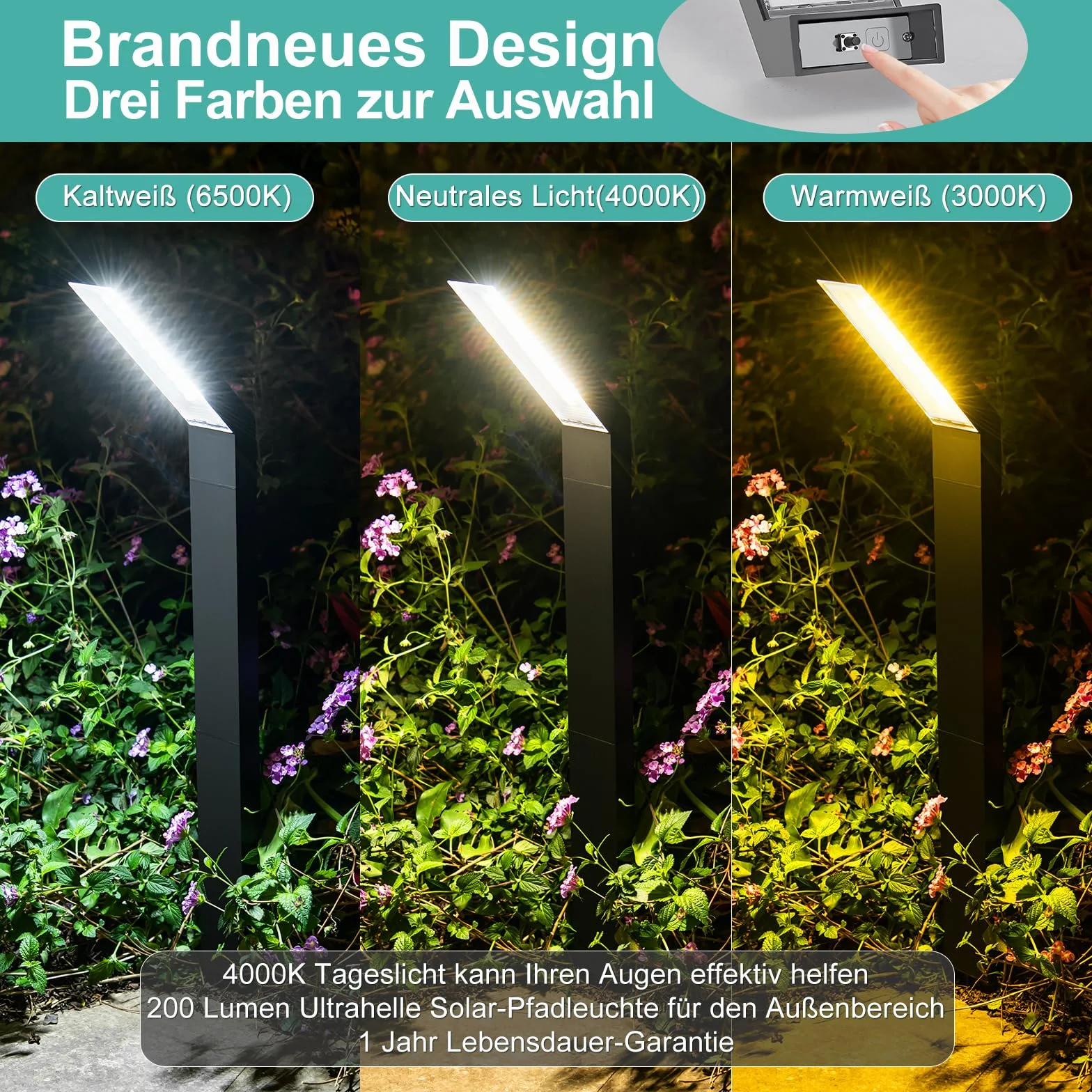AGOTD Lampa solarna do ogrodu, 4 sztuki lamp solarnych z 3 trybami oświetlenia, oświetlenie drogi, wodoszczelność IP64, solarna lampa ogrodowa do ogrodu, na pokład, trawnik, podwórze, ścieżkę, wjazd