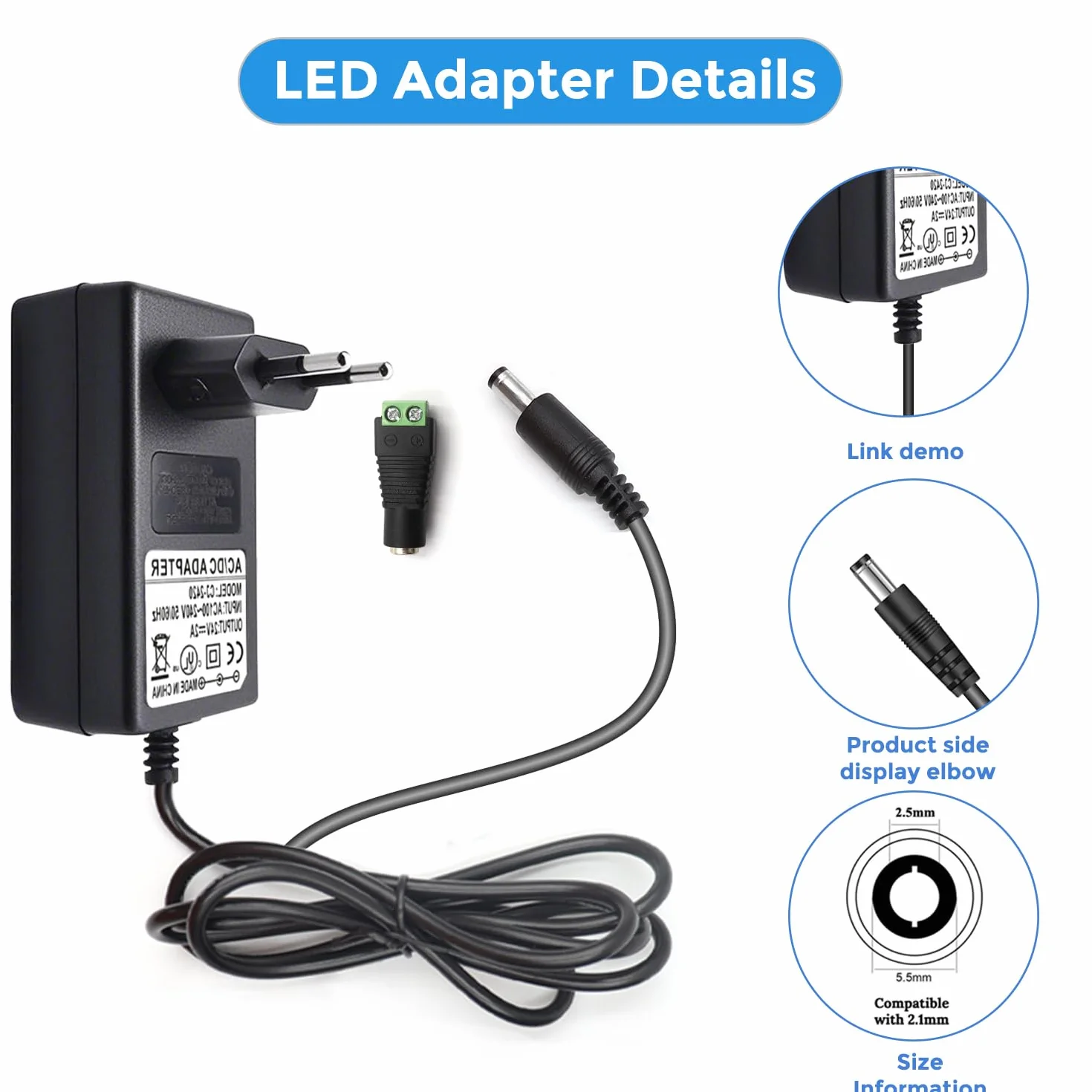 Arotelicht Zasilacz sieciowy LED 24 V 2 A AC 100-240 V transformator 48 W adapter 5,5 x 2,1/2,5 mm - prąd stały, bez migotania i ochrona bezpieczeństwa (bez ładowarki), wtyczka EU