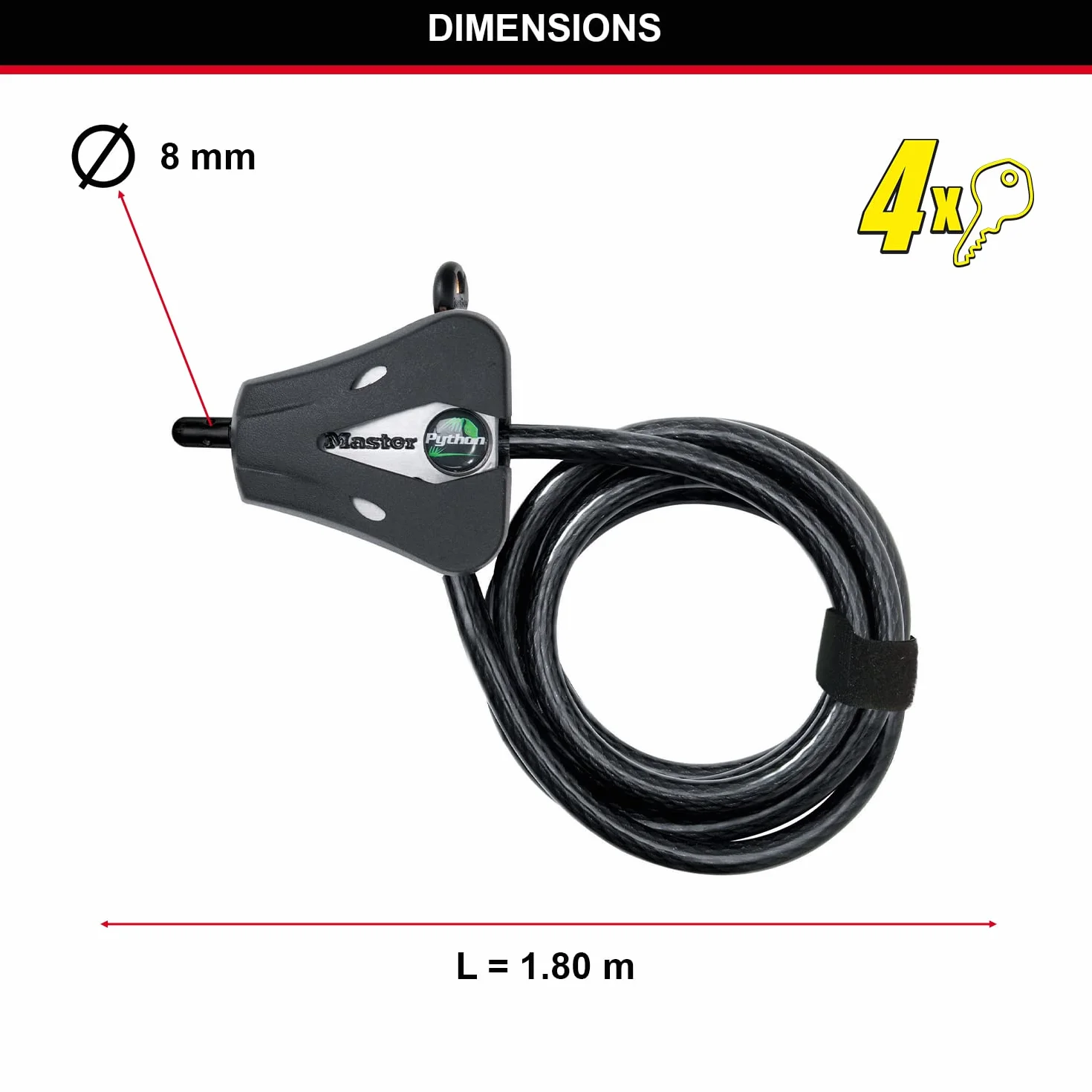 Master Lock 8418EURD Lucchetto a cavo regolabile con serratura a chiave [cavo regolabile da 30 cm a 1,8 m], con 2 chiavi