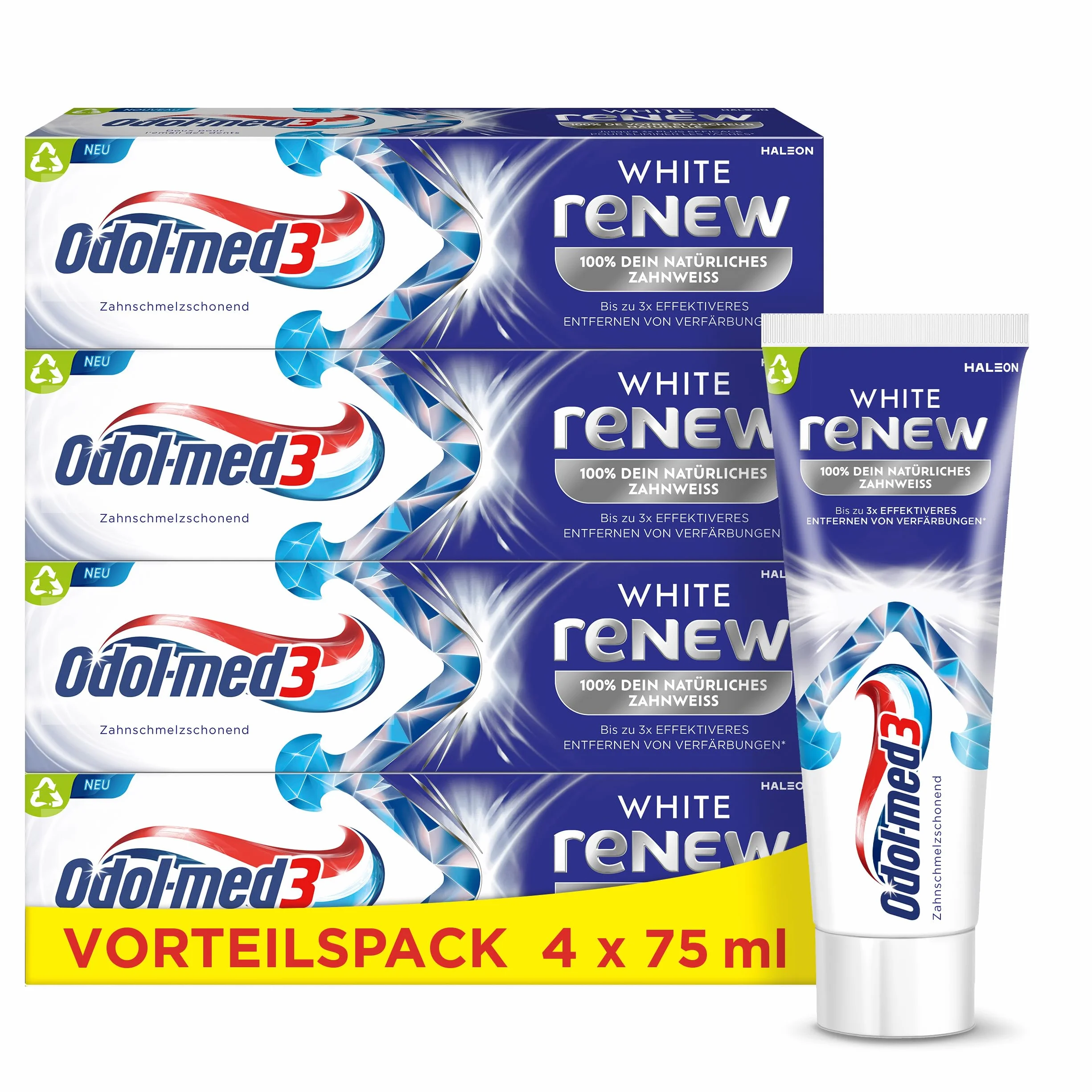 Odol-med3 White reNEW pasta do zębów, do 3 razy skuteczniejsze usuwanie przebarwień*, tworzenie osłony ochronnej dla długo utrzymujących się białych zębów***, 4 x 75 ml