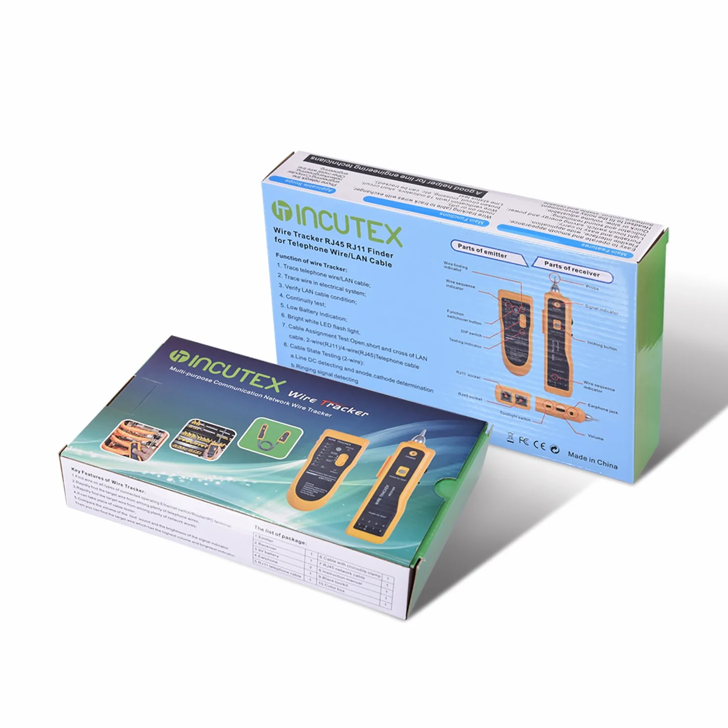 Incutex Tester ciągłości obwodów elektrycznych, LAN RJ45/RJ11, kable telefoniczne Cat5 Cat6 Ethernet, lokalizator kable sieciowe lub zasilające z diodą LED i słuchawkami, baterie w zestawie