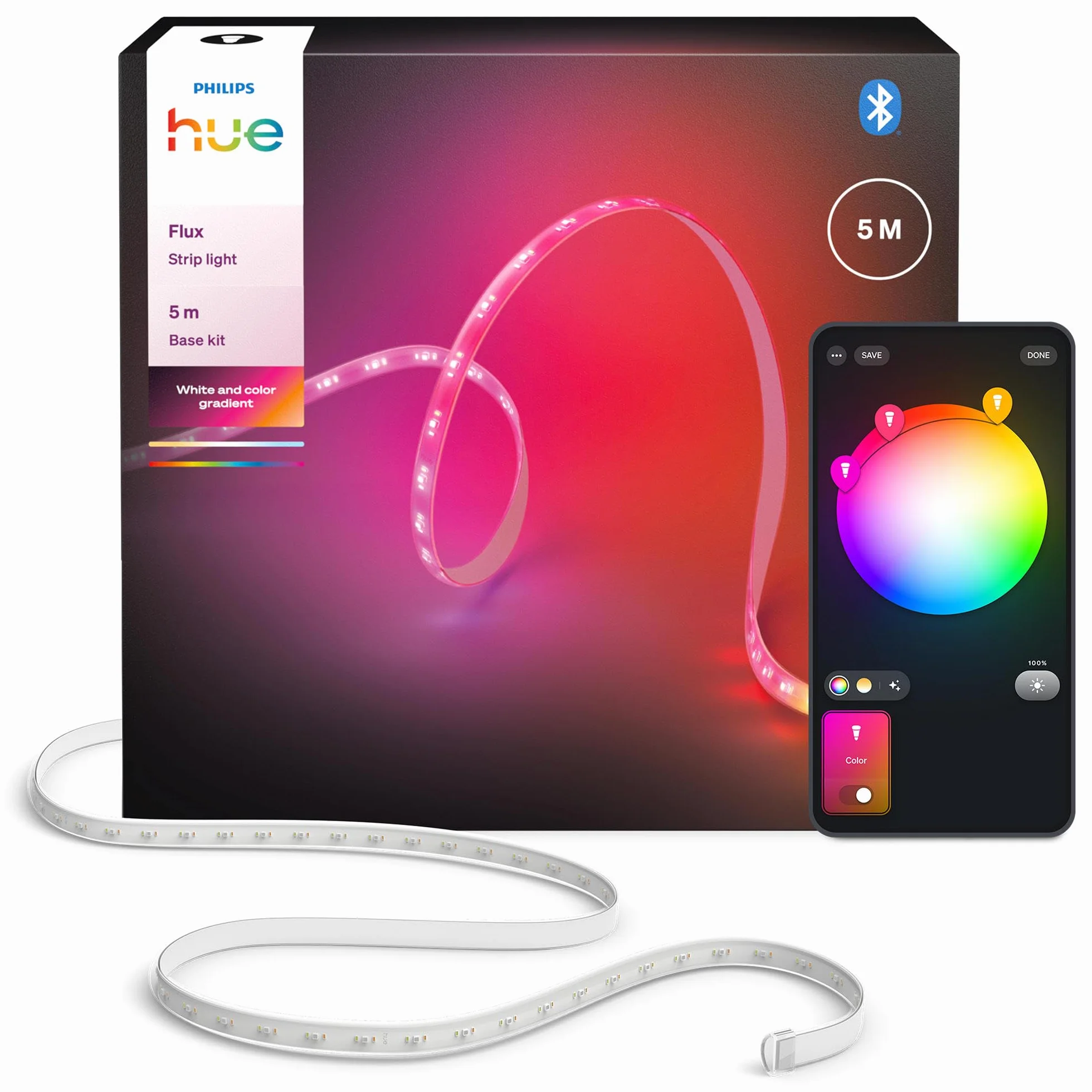 Philips Hue Flux 5 m LED, 2000 lm, żywe kolory i atmosfera, elastyczna, Chromasync™, RGBWWIC, przycinanie i przedłużanie, sterowanie aplikacją i głosem, do wnętrz.