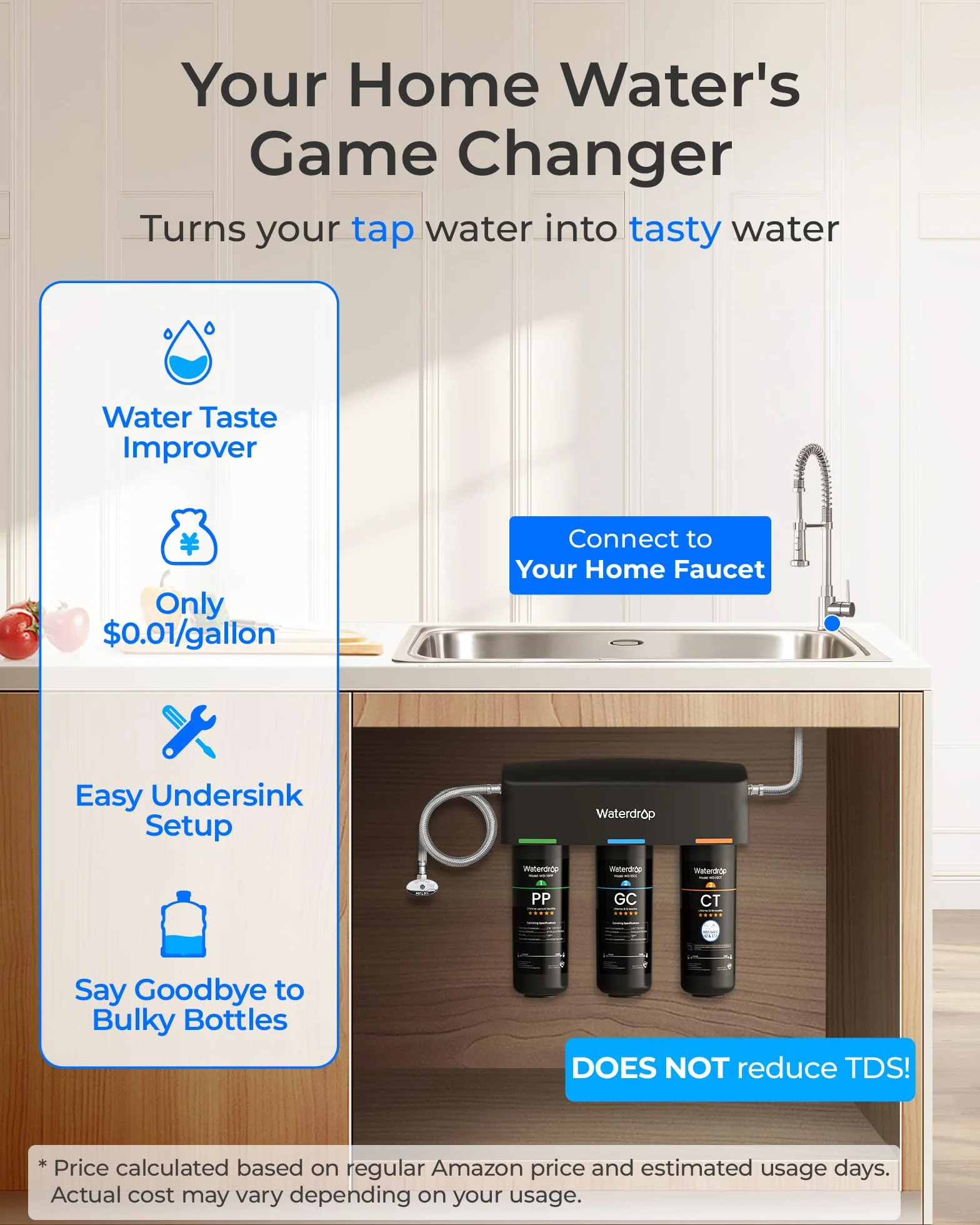 Waterdrop TSA system filtrowania wody pod zlewem, 3-stopniowy system filtracji wody o dużej pojemności, certyfikat NSF/ANSI 42, redukcja PFAS, PFOA/PFOS, redukcja ołowiu, chloru, złego smaku