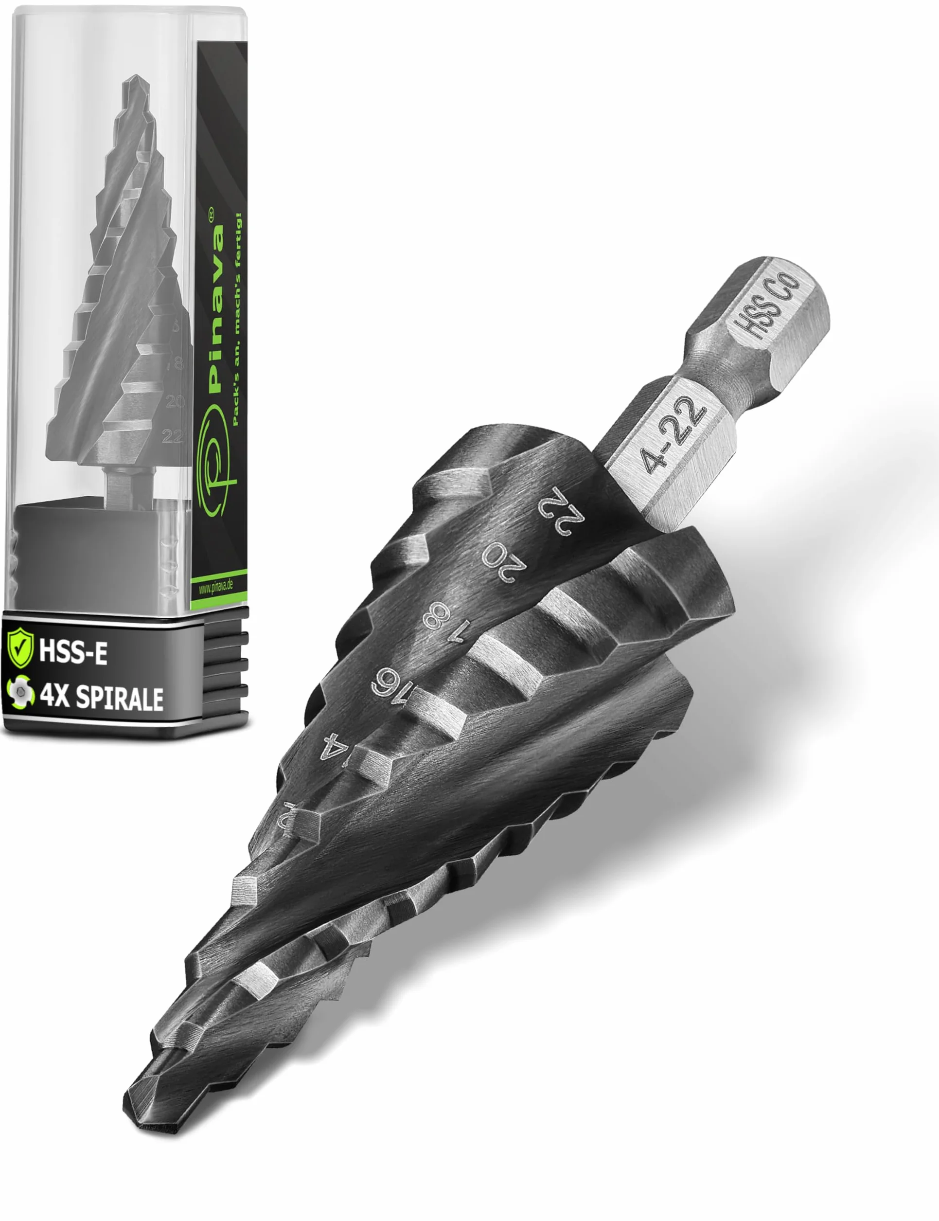 Pinava Wiertło stopniowe HSS Cobalt Pro 4XSPIRAL Ø 4-22 mm profesjonalne do stali nierdzewnej metalu drewna tworzywa sztucznego