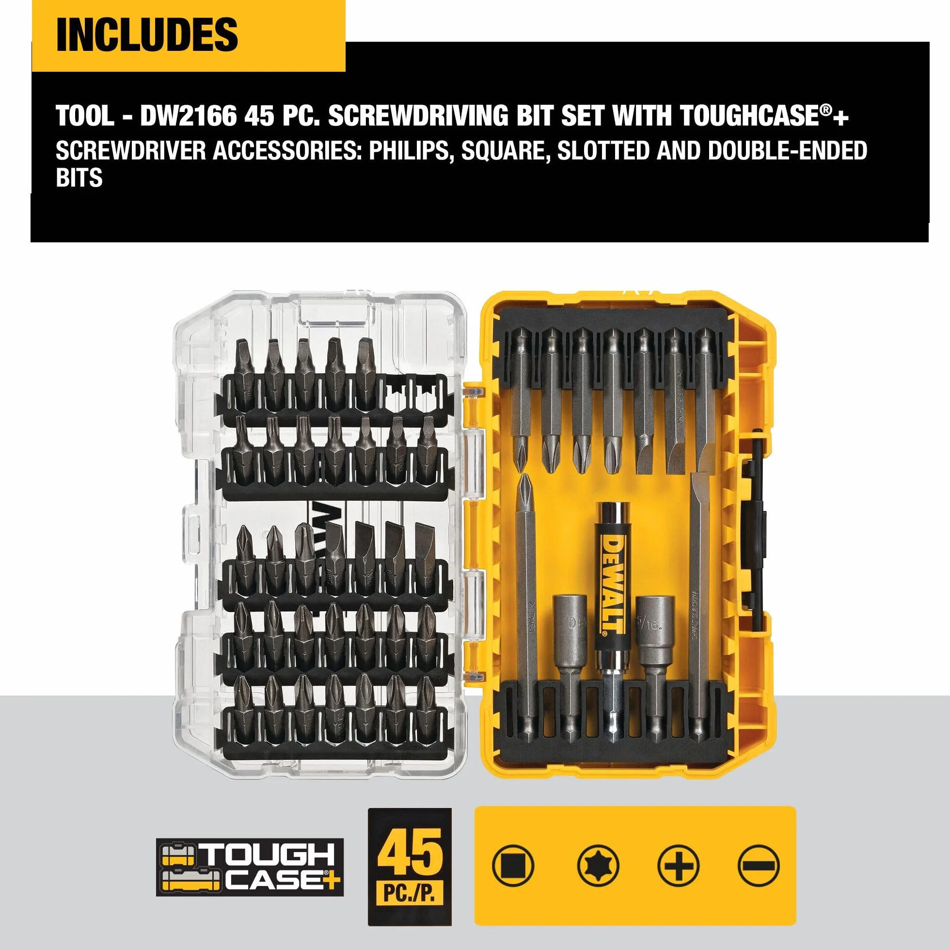 DEWALT Zestaw wkrętaków z wytrzymałą obudową, 45-częściowy (DW2166), zestaw wkrętaków szarych/srebrnych z wytrzymałą obudową