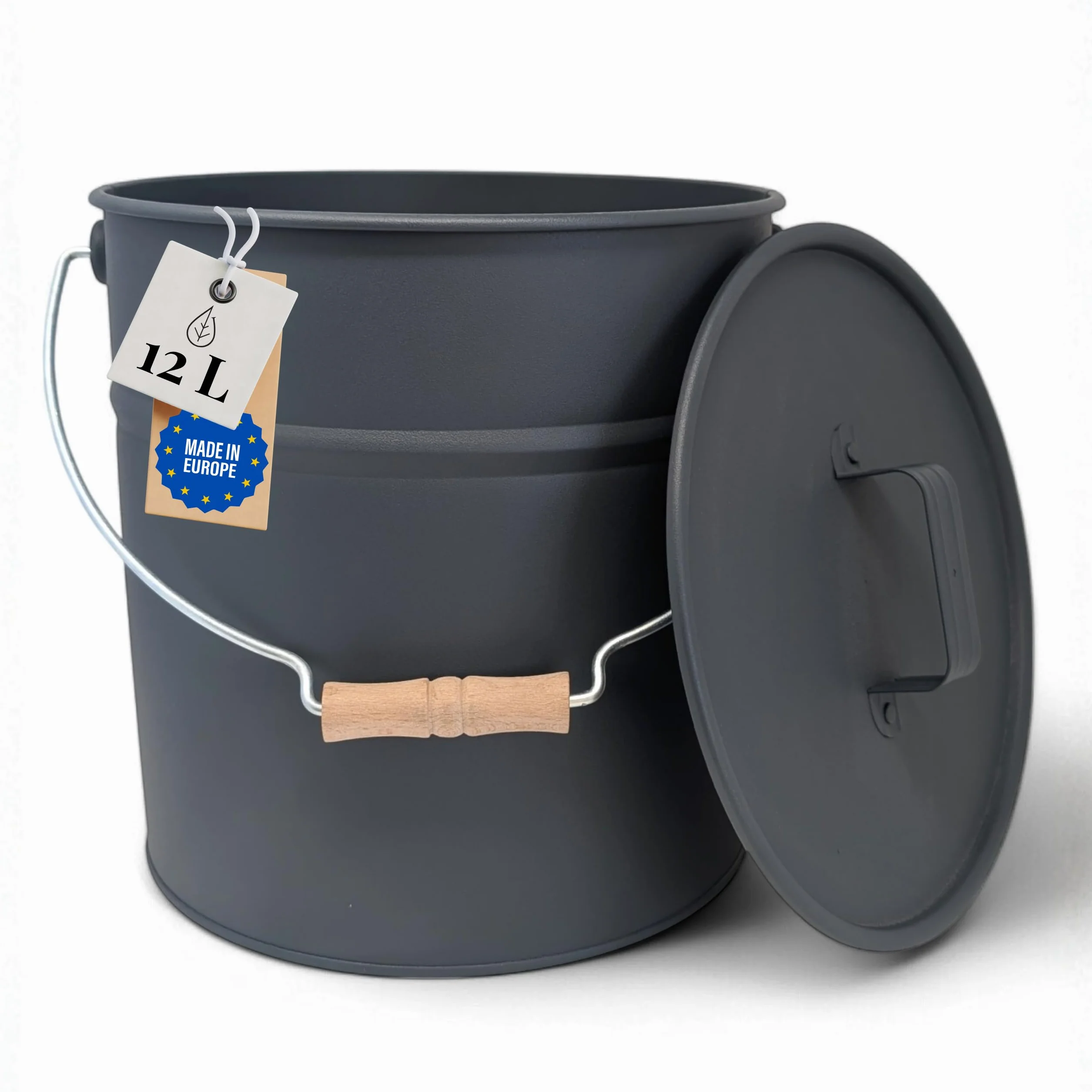 LIVLIG Kosz na popiół premium z pokrywką, 12 l, szary, ekskluzywne, ocynkowane wiadro z pokrywką do nowoczesnych kominków, jakość premium z Europy, stylowe akcesoria kominkowe do bezpiecznego