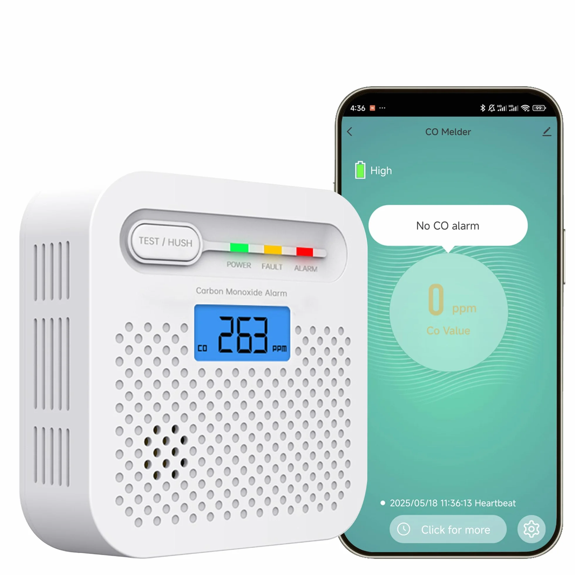 Czujnik tlenku węgla 10-letni z baterią, wyświetlacz LCD, alarm 85 dB, certyfikat EN 50291