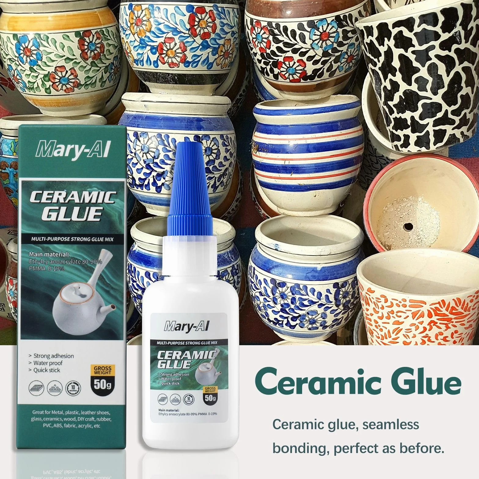 Klej błyskawiczny do ceramiki, bardzo mocny klej do porcelany, klej ceramiczny, bardzo mocny klej błyskawiczny, odporny na wysoką temperaturę, wodoodporny, silnie mocujący się do ceramiki