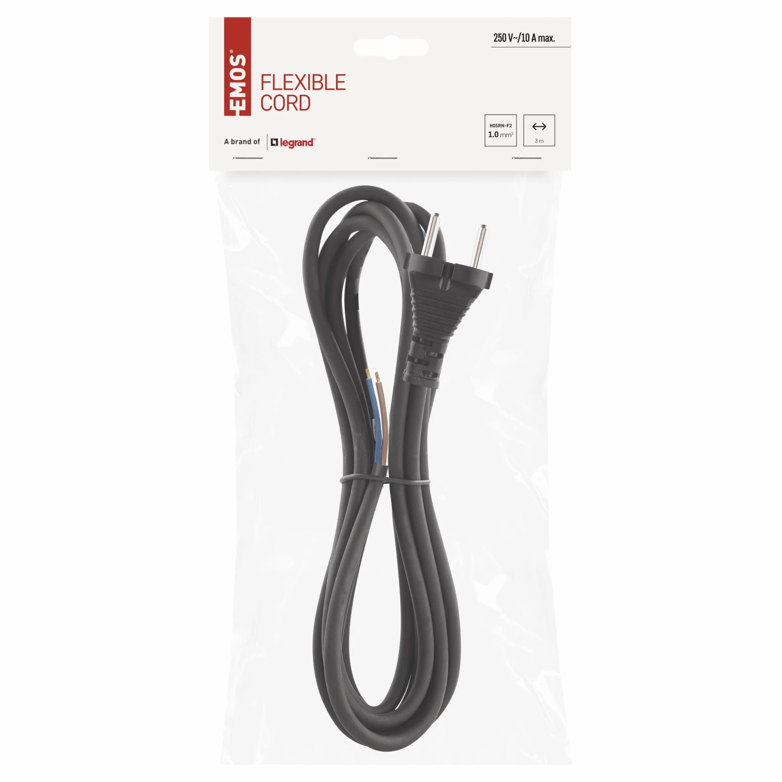 EMOS Gumowy przewód przyłączeniowy 3 m, kabel zasilający, kabel przyłączeniowy, kabel do żelazka, kabel połączeniowy Schuko, 2 x 1,0 mm2, guma H05RN-F/neopren, czarny