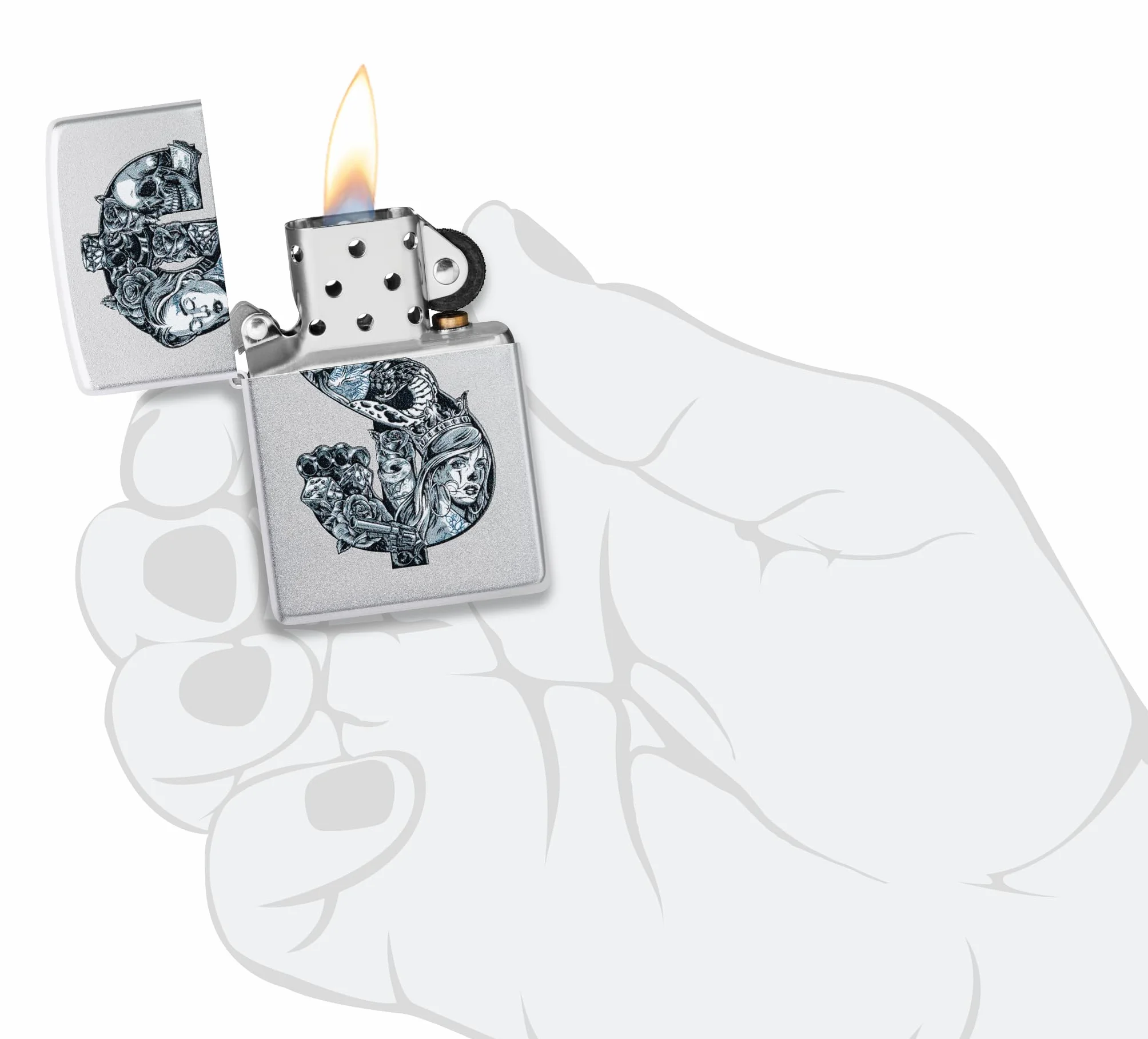 Zippo Tattoo Dollar Zapalniczka Sztormowa, Kolorowy Nadruk, do Napełniania, Wielokrotnego Użytku, Wiatroodporna Konstrukcja, Pudełko na Prezent, Wykonano w USA, Kolor Satynowy Chrom