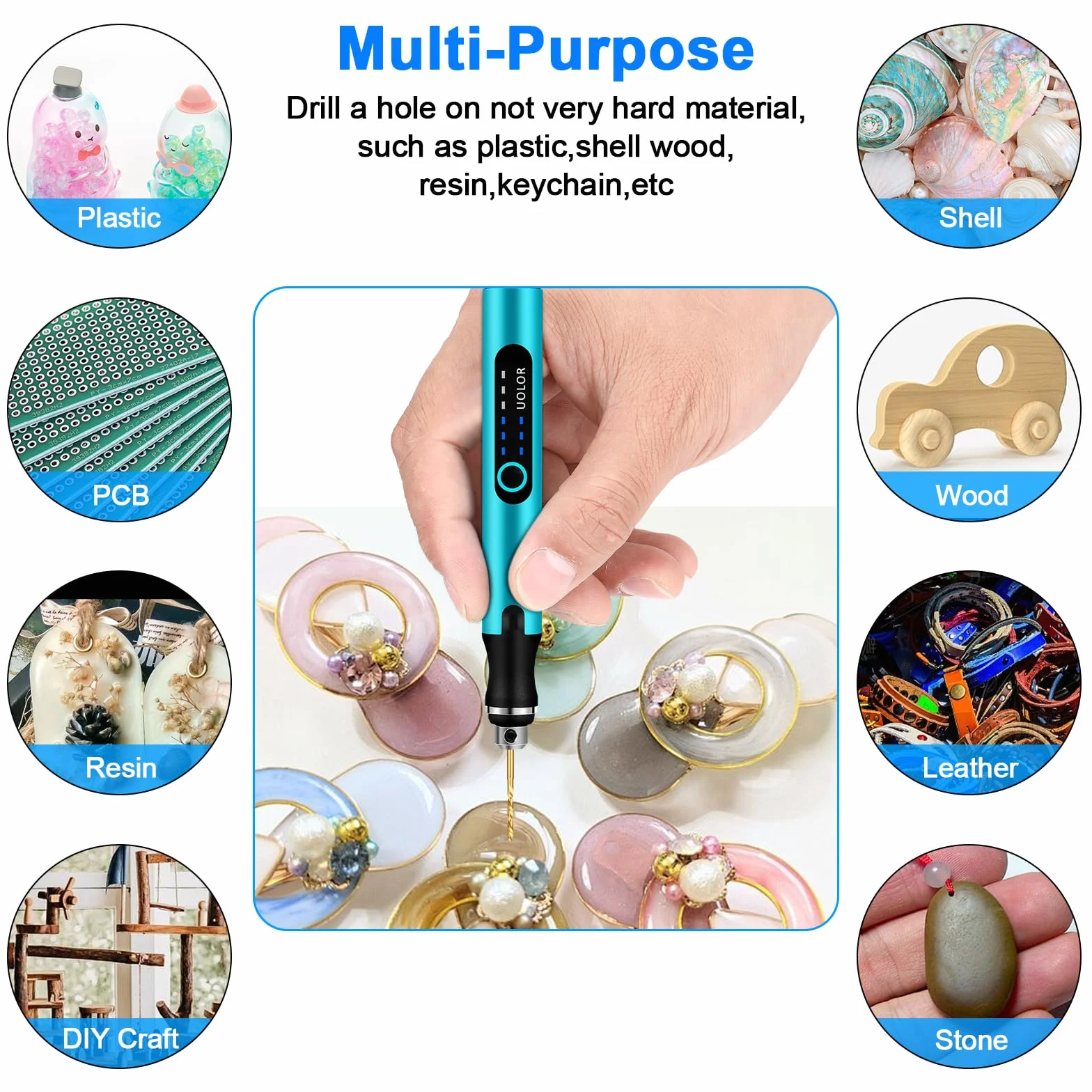 Uolor 3-biegowa mini wiertarka, akumulatorowa mini wiertarka elektryczna z 10 małymi wiertłami, mini wiertarka do żywicy, biżuteria, płytka drukowana, skóra, plastik, kamień, brelok do kluczy