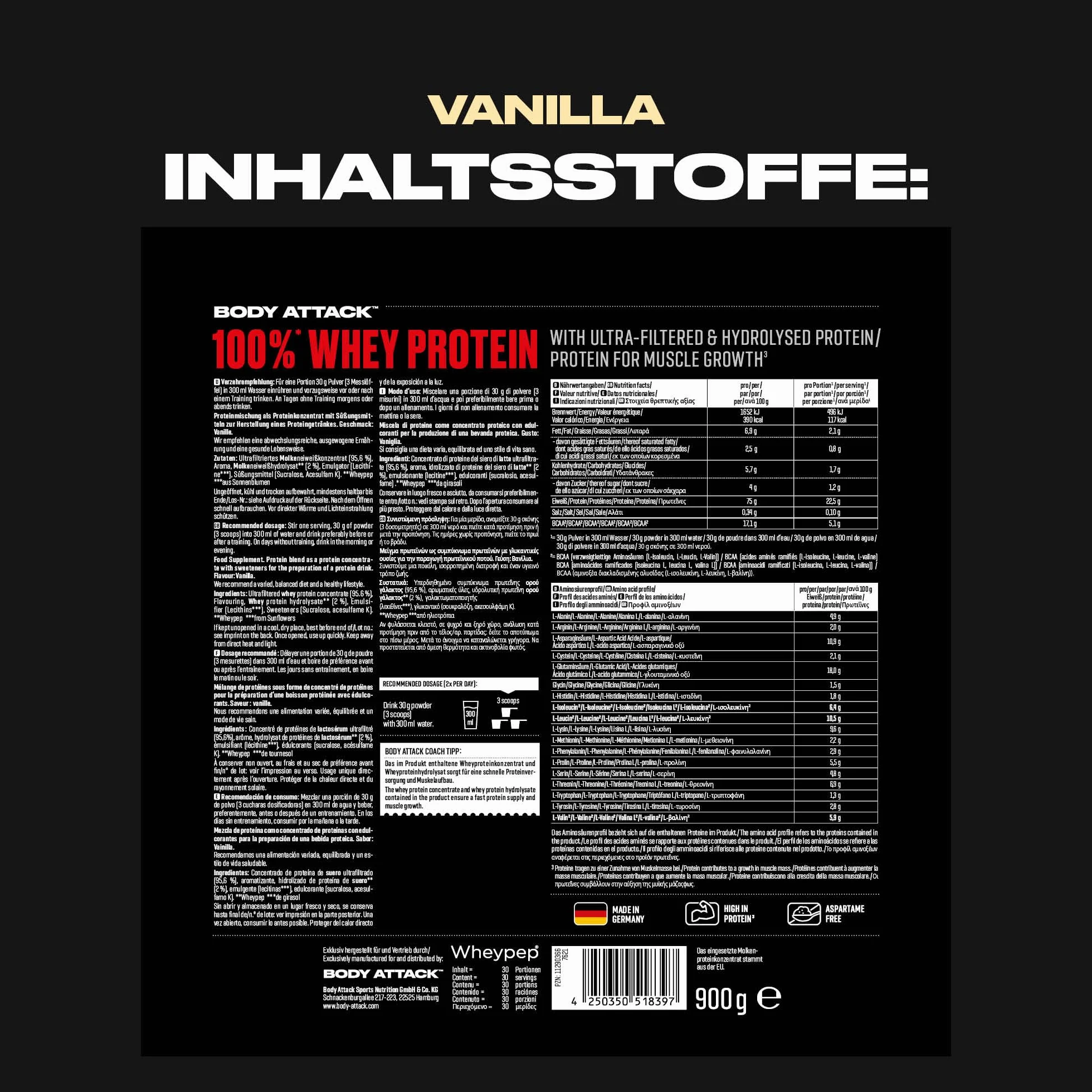 Body Attack 100% WHEY PROTEIN – wanilia – 900 g – Made in Germany – ekstra kremowy proszek białkowy z hydrolizatem i BCAA's, wspomaga budowę mięśni i dietę