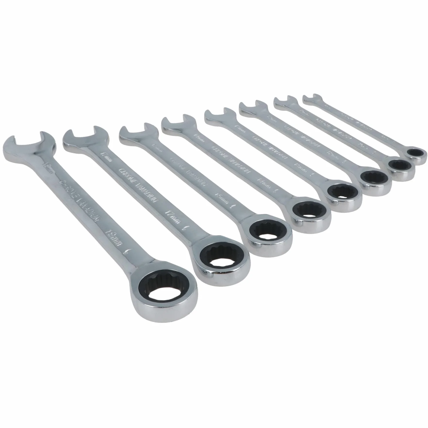 AB Tools Zestaw kluczy płasko-oczkowych metrycznych z grzechotką, 72 zęby, bi-sześciokątny, 8-19 mm, 8 szt