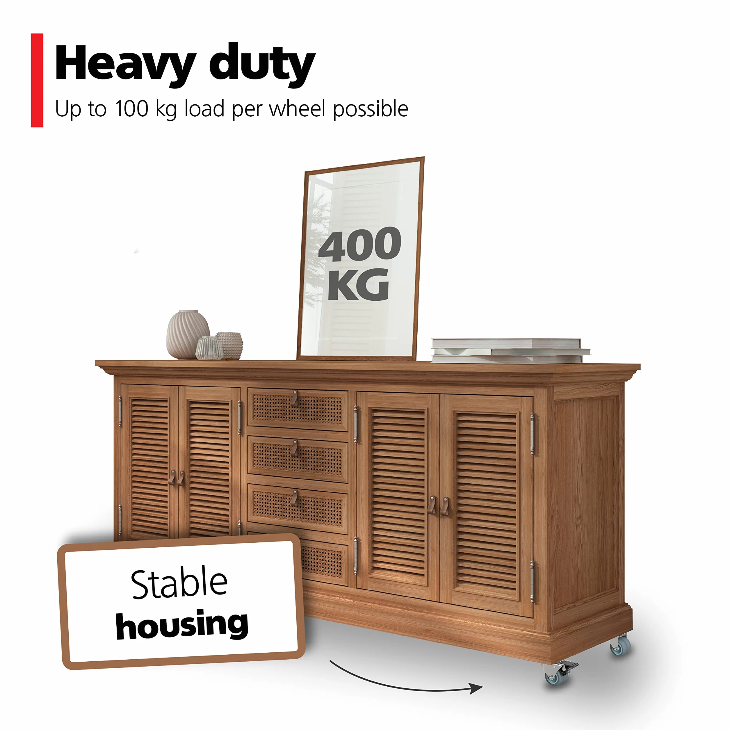 RAVN HAMAN 4X Heavy Duty Castor Wheels 50mm - Trolley Furniture Swivel Casters with Brake - Grass and Sand Suitable - 75mm Total Height - Industrial Castors up to 400kg