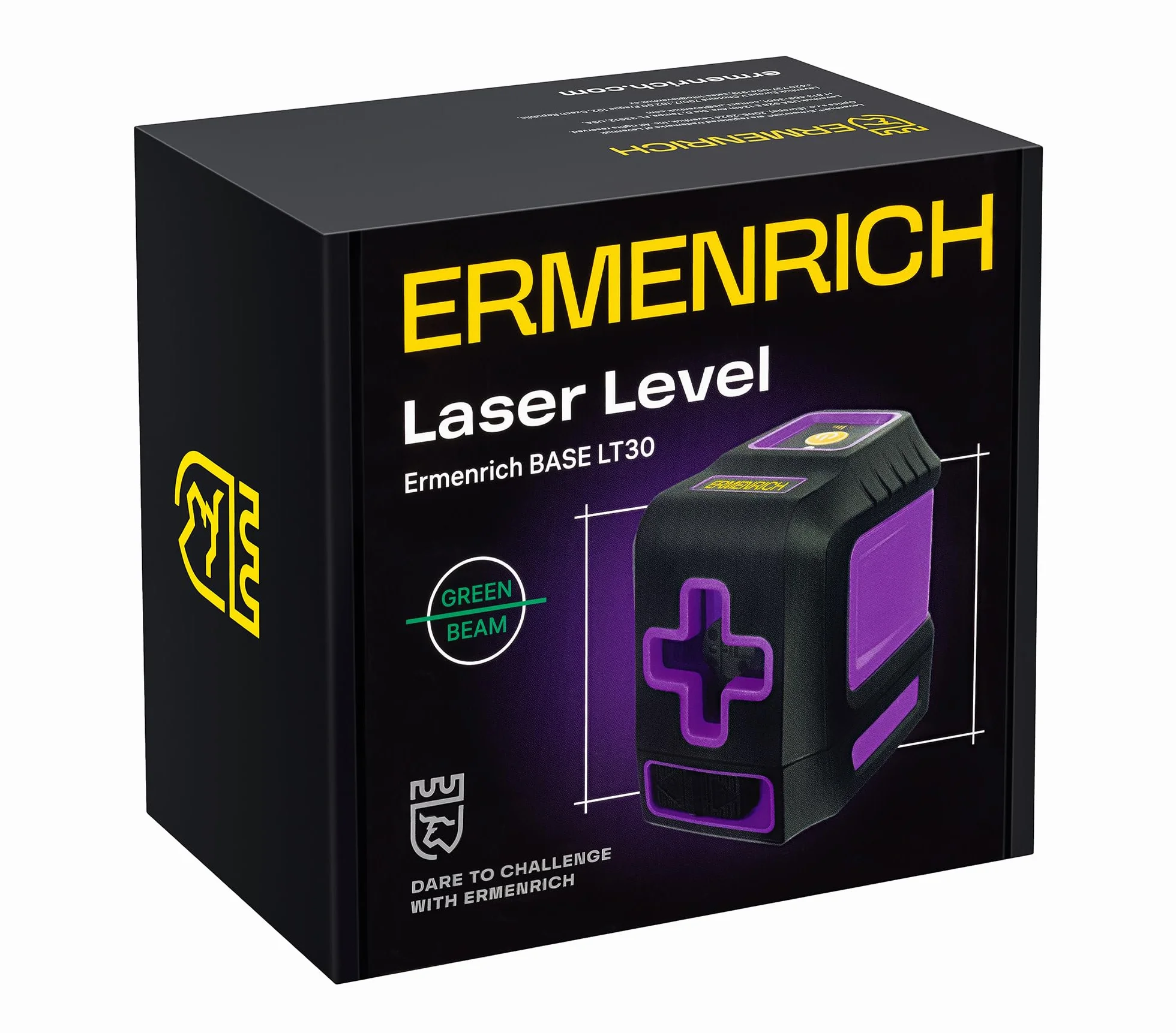 BASE LT30 Zielona Poziomica Laserowa Samopoziomująca Tryb Impulsowy 30 m 2 Linie Krzyżowe — IP54 Regulowana Jasność Uchwyt i Futerał W Zestawie Fioletowa