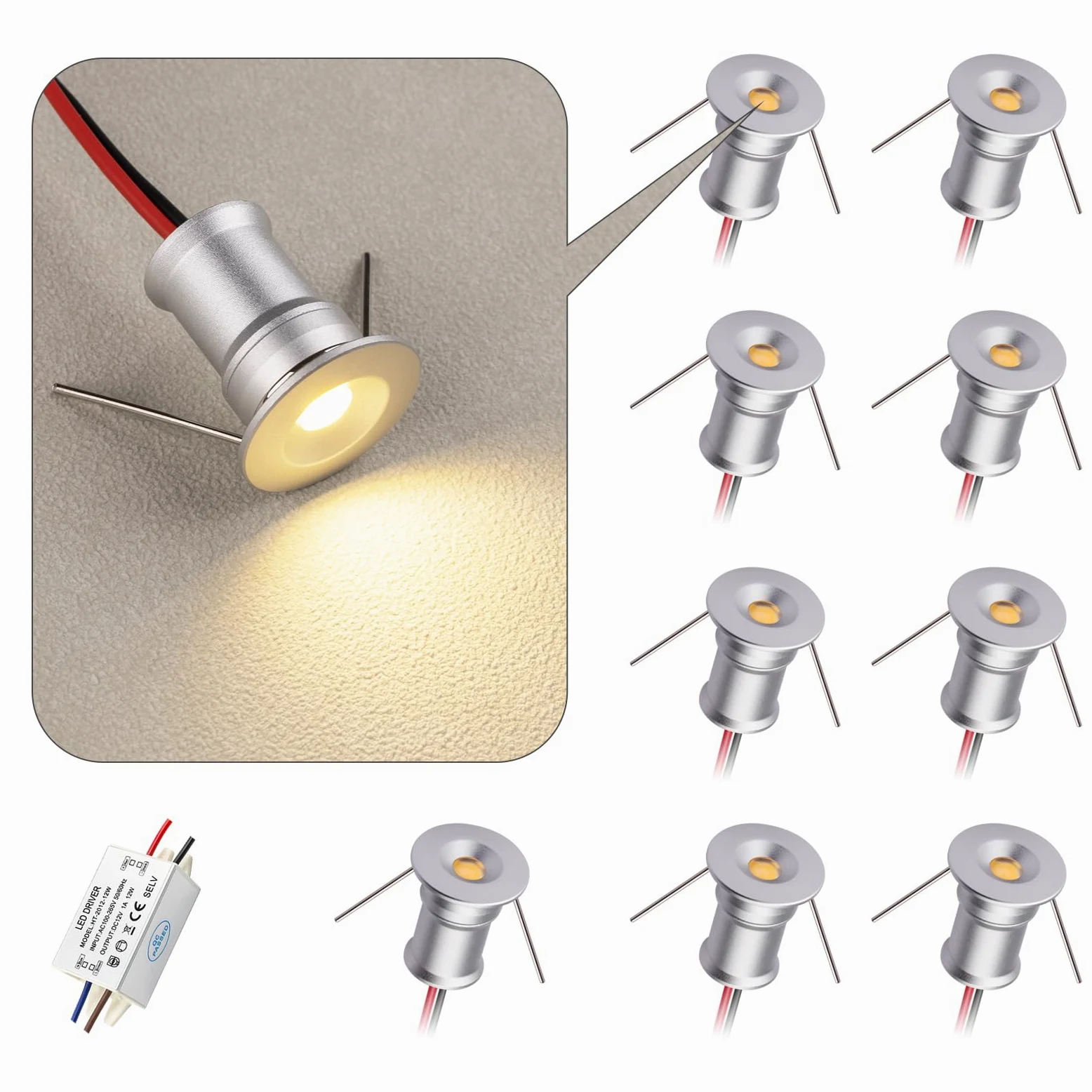 902 120° mini reflektor LED, DC12V 1W, 80Ra, 75lm, niewielki rozmiar, montaż wbudowany, nadaje się do oświetlenia szafek, takich jak szafki na wino, szafki na buty itp.(3000K,Silver,9Pack)